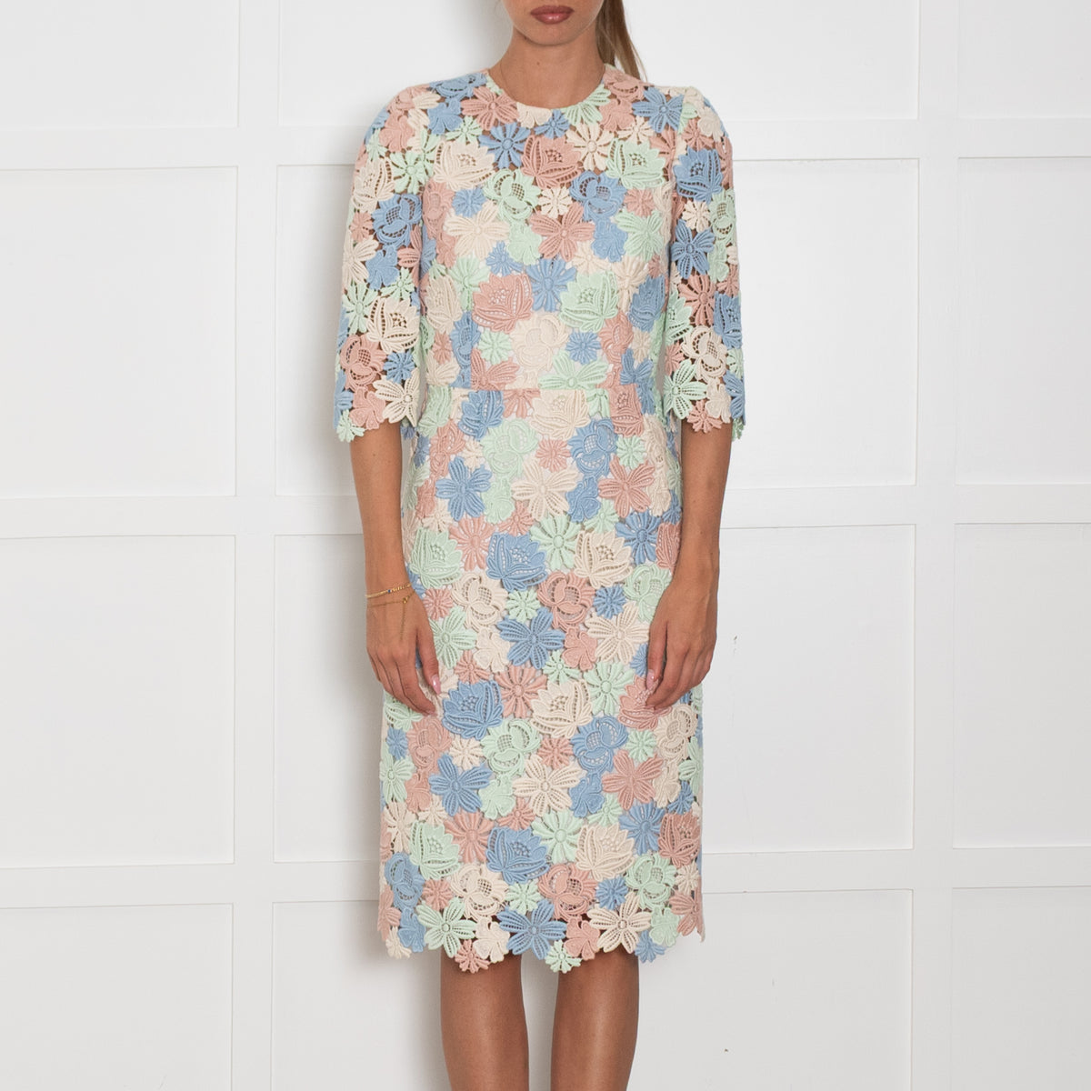 Dolce & Gabbana Pastel Pink , Blue Lace 3/4 Sleeve Dress