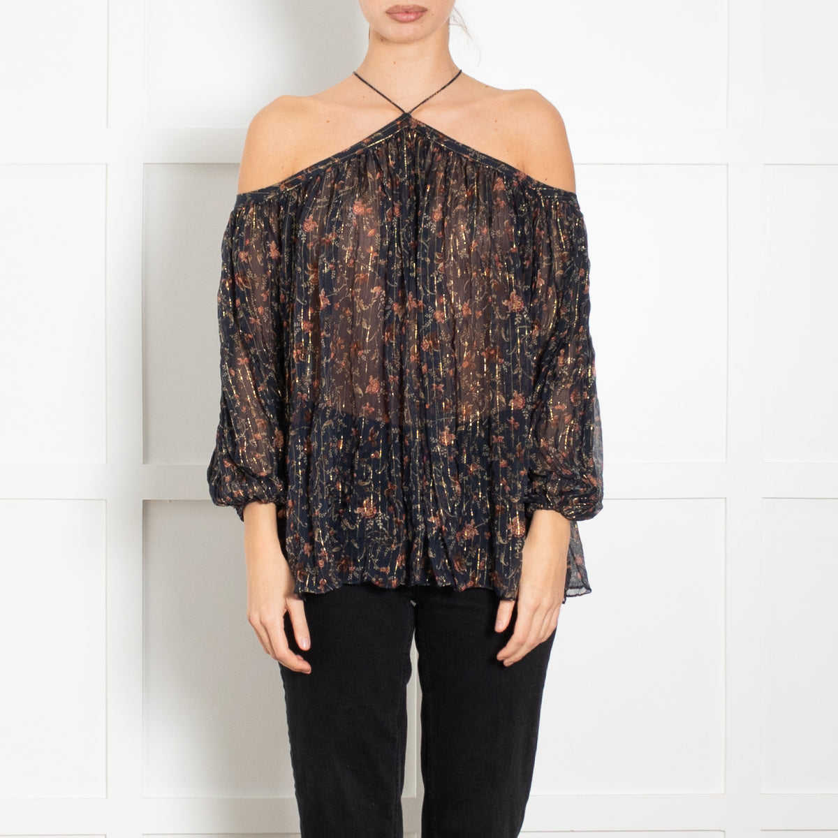 Zimmermann Blue Floral With Gold Thread Halter Neck Top