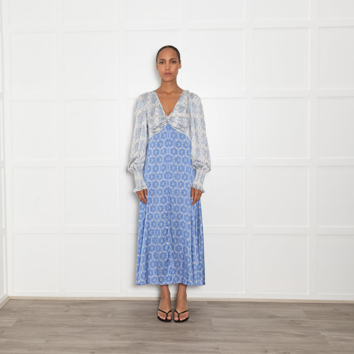 Jessica Russell Flint Blue Silk Patterned Knot Front Midi Dress