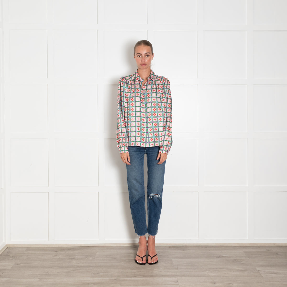 Lisou Pink Green Red Blue Geometric Print Silk Blouse