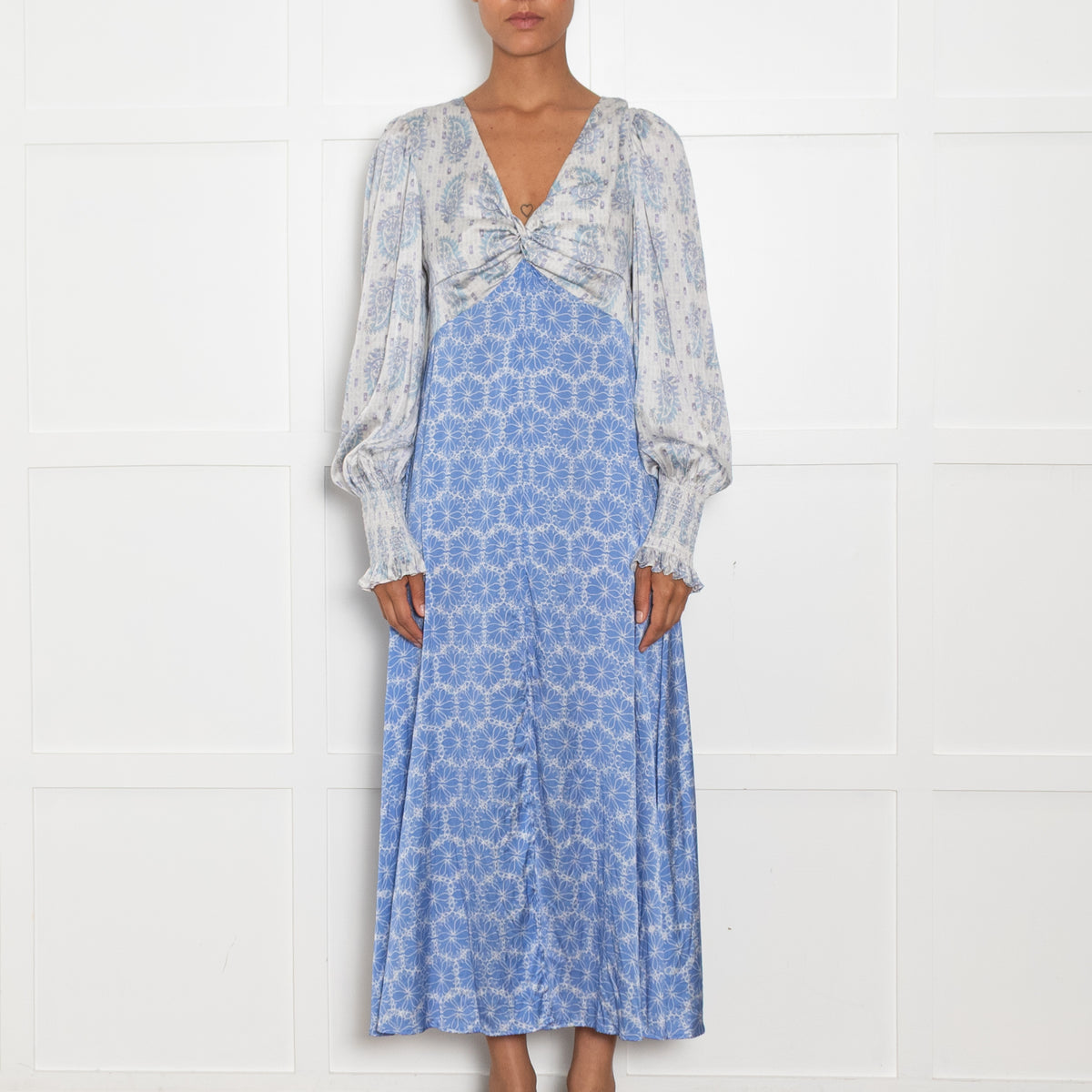 Jessica Russell Flint Blue Silk Patterned Knot Front Midi Dress
