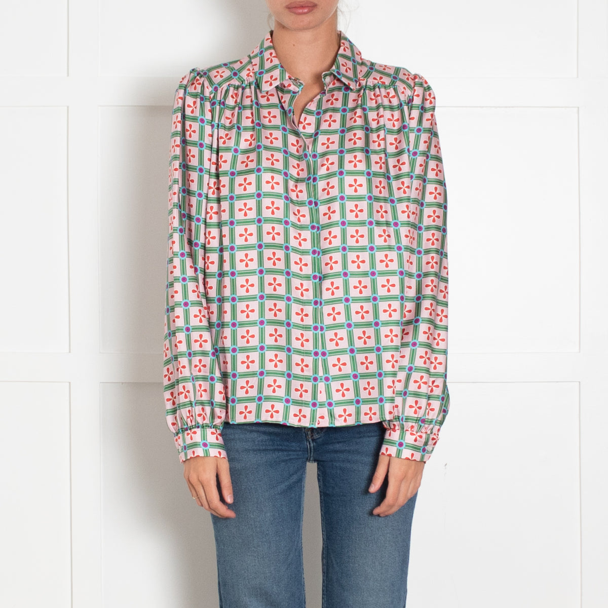 Lisou Pink Green Red Blue Geometric Print Silk Blouse