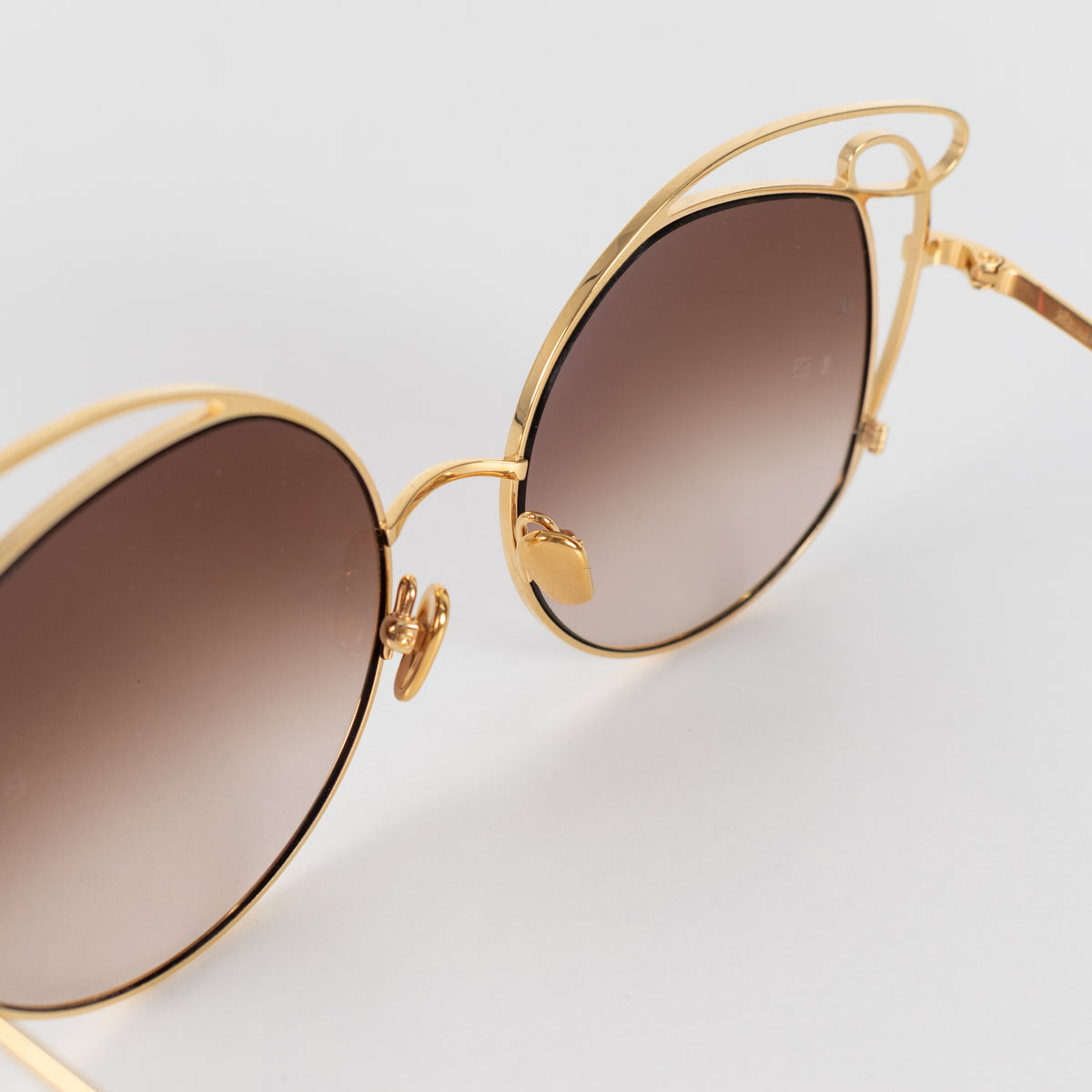 Linda Farrow Gold Titanium Cateye Sunglasses with Brown Lenses