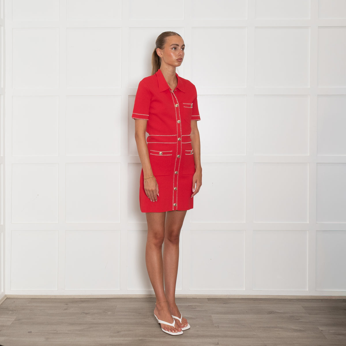 Maje Red Knit Collared Mini Dress with White Contrast Whip Stitch Detail