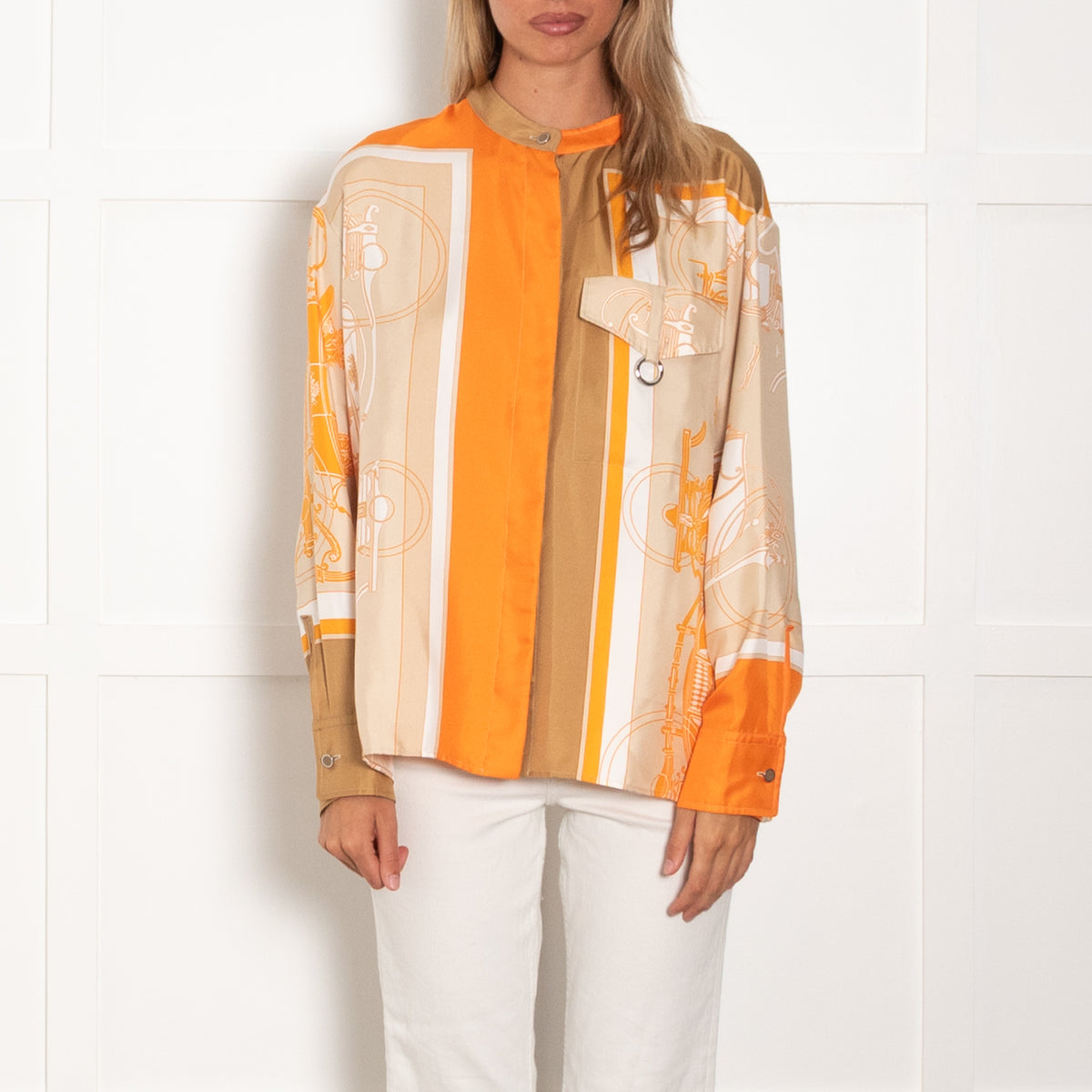 Hermes Orange Silk Equestrian Theme Blouse