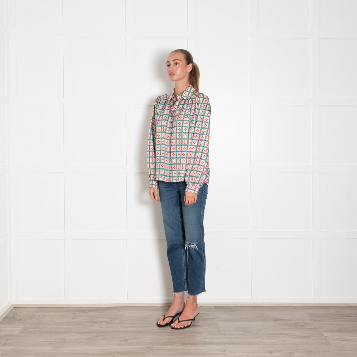 Lisou Pink Green Red Blue Geometric Print Silk Blouse
