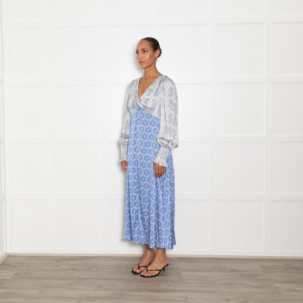 Jessica Russell Flint Blue Silk Patterned Knot Front Midi Dress