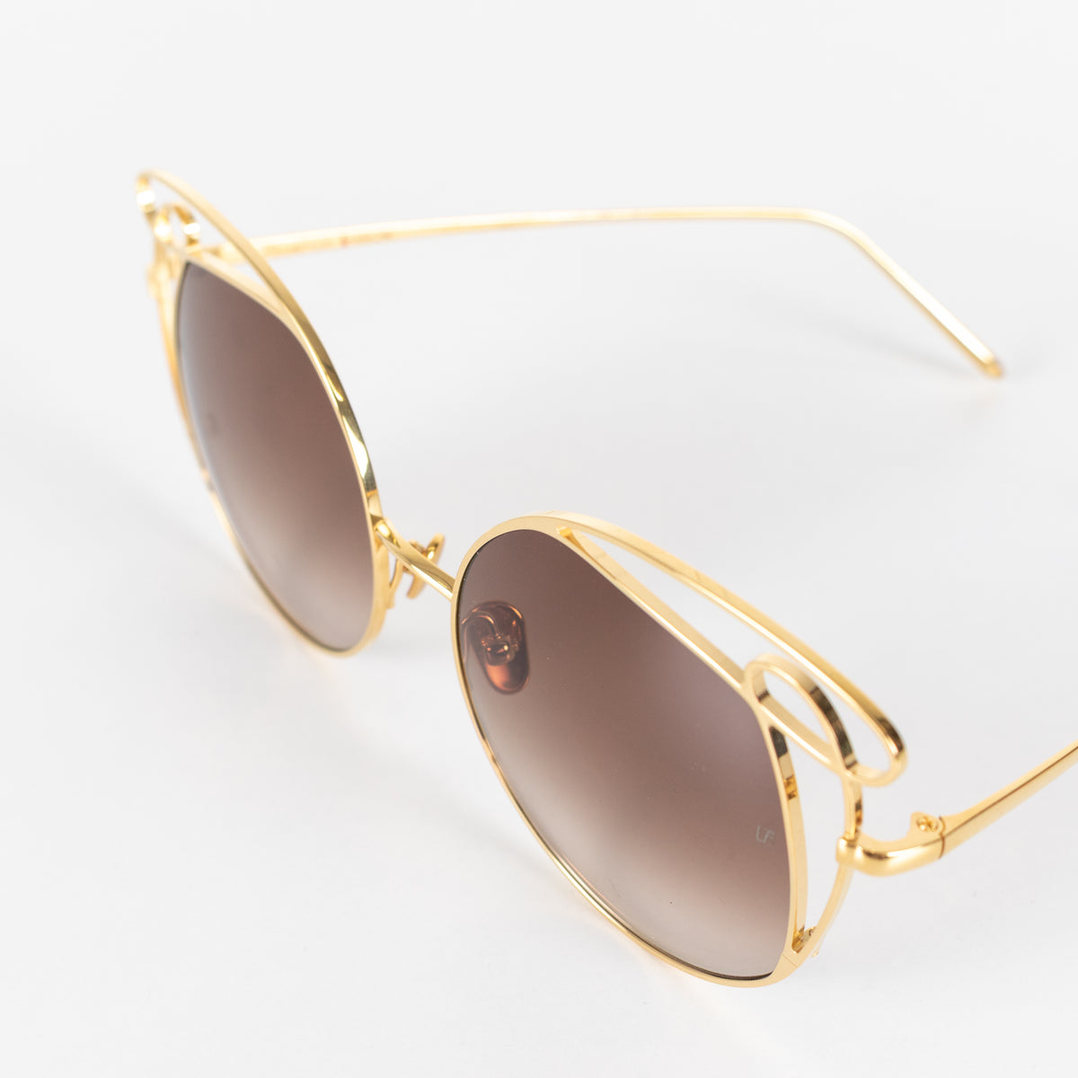Linda Farrow Gold Titanium Cateye Sunglasses with Brown Lenses