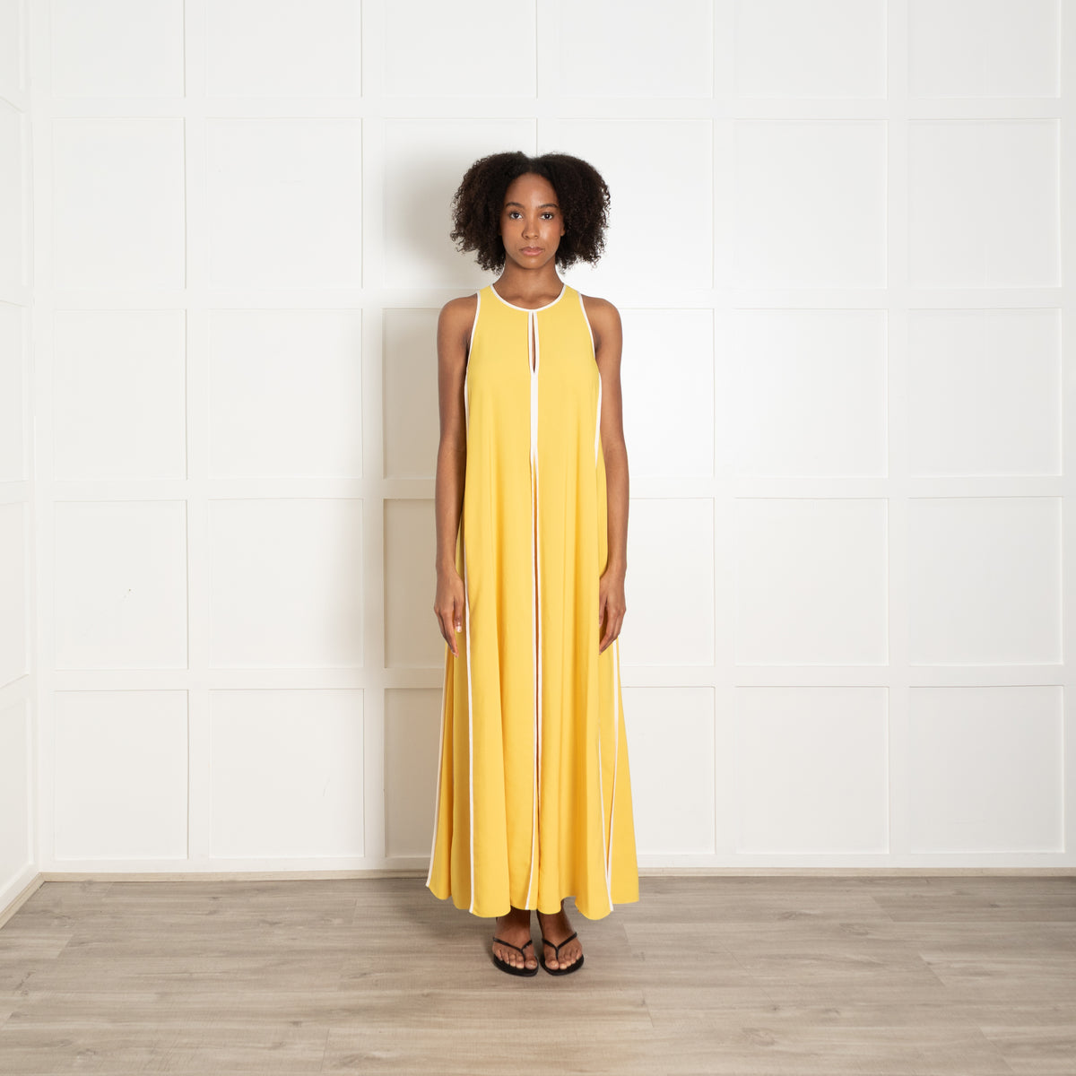 Me + Em Yellow With White Piping Maxi Sleeveless Dress