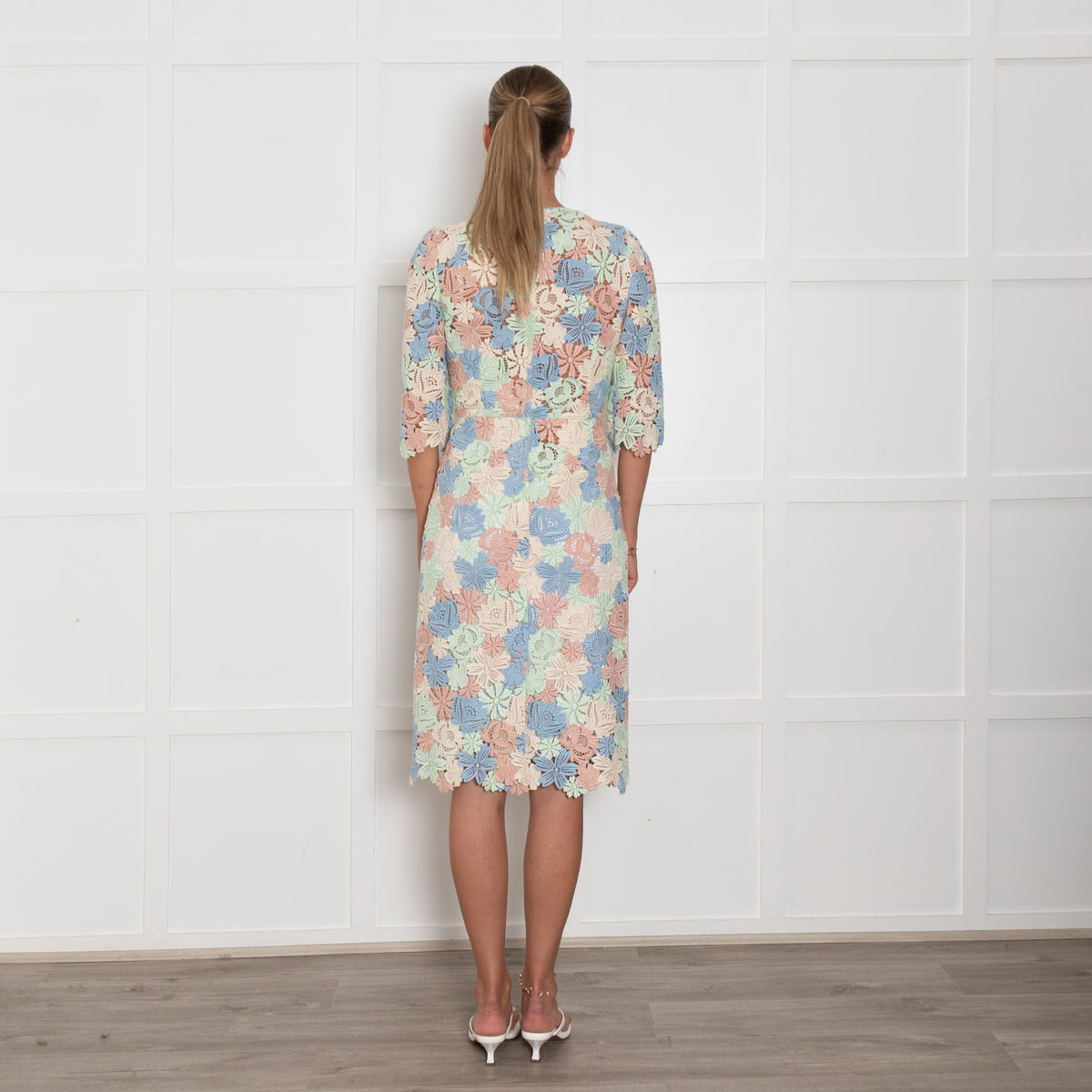 Dolce & Gabbana Pastel Pink , Blue Lace 3/4 Sleeve Dress