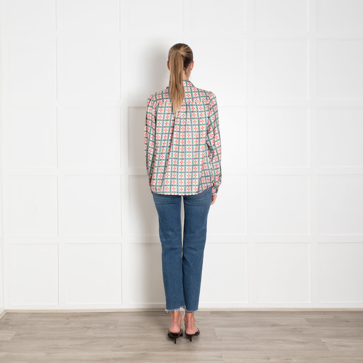 Lisou Pink Green Red Blue Geometric Print Silk Blouse