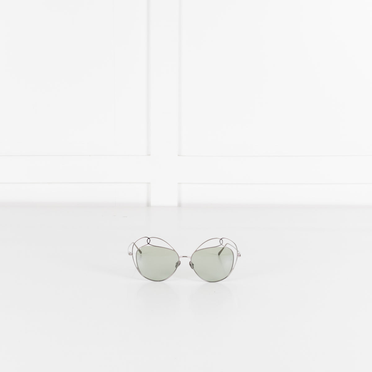 Linda Farrow Silver Titanium Cateye Sunglasses with Green lense