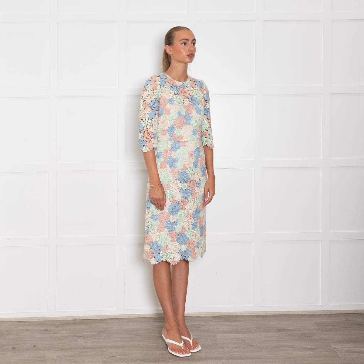 Dolce & Gabbana Pastel Pink , Blue Lace 3/4 Sleeve Dress