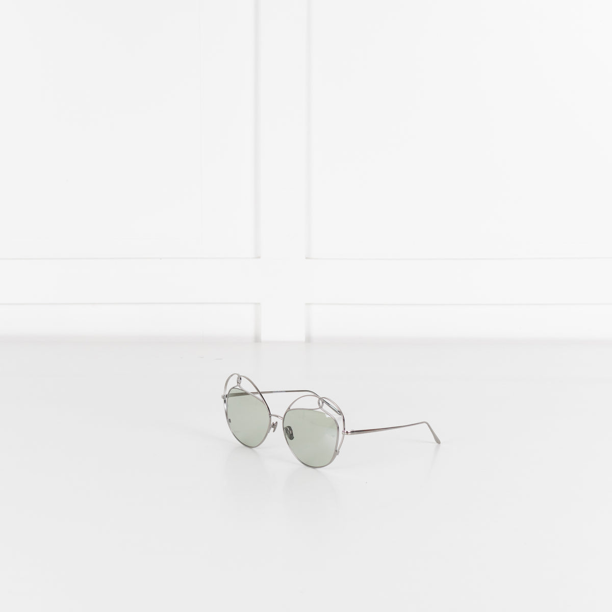 Linda Farrow Silver Titanium Cateye Sunglasses with Green lense