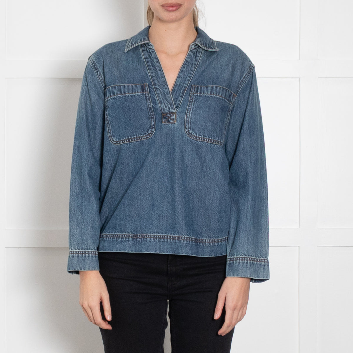 Madewell Blue Denim Front Pocket Long Sleeve Top