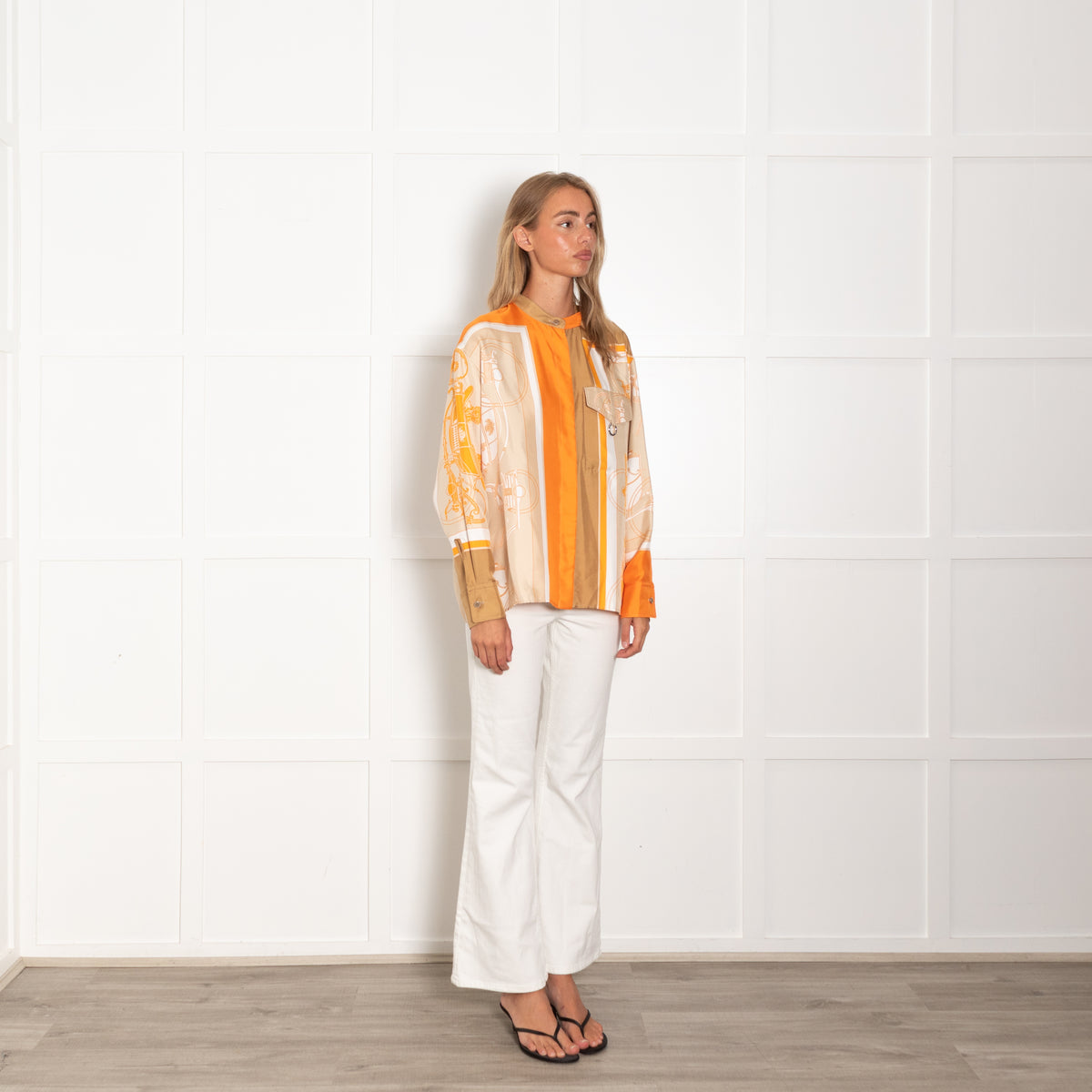 Hermes Orange Silk Equestrian Theme Blouse