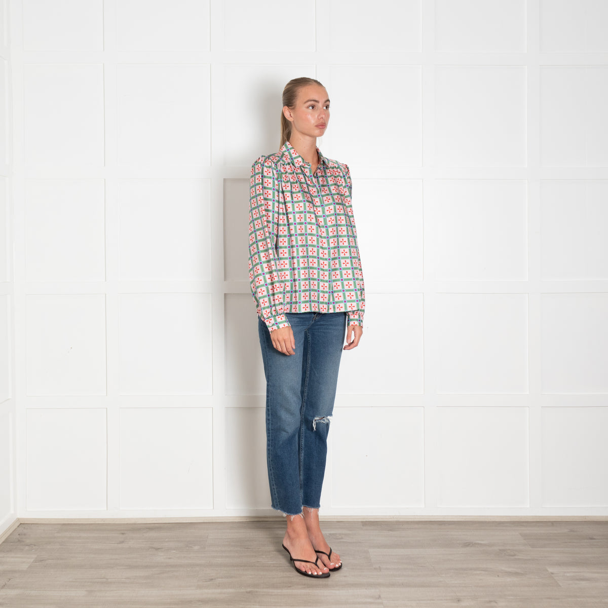 Lisou Pink Green Red Blue Geometric Print Silk Blouse
