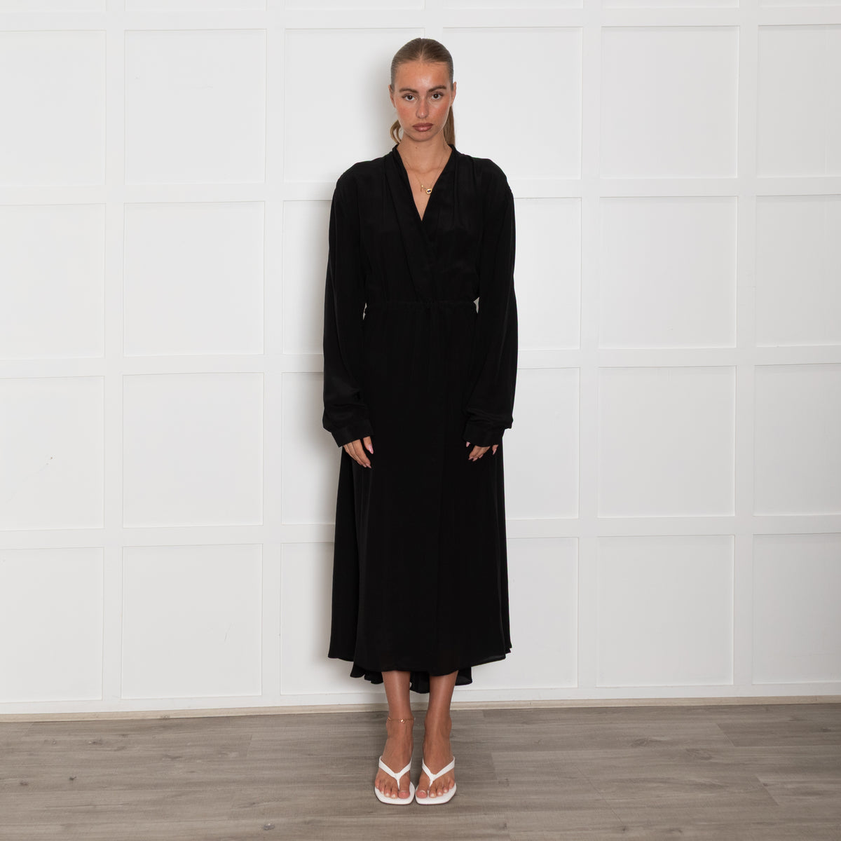 Raey Black Silk Long Sleeve Wrap Maxi Dress