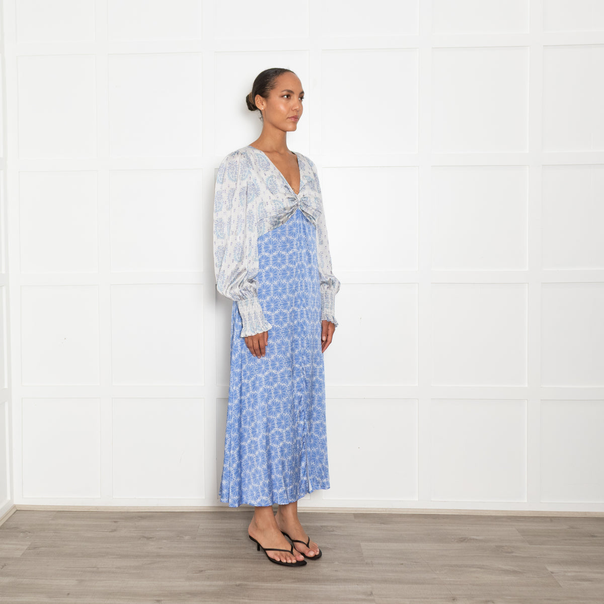 Jessica Russell Flint Blue Silk Patterned Knot Front Midi Dress