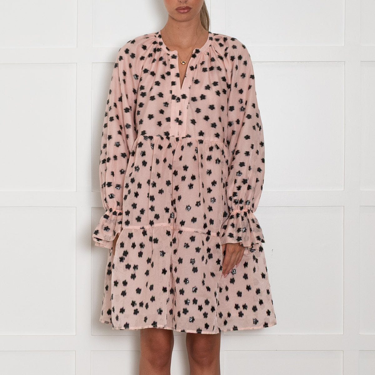 Stine Goya Pink and Black Tiered Puff Mini Dress