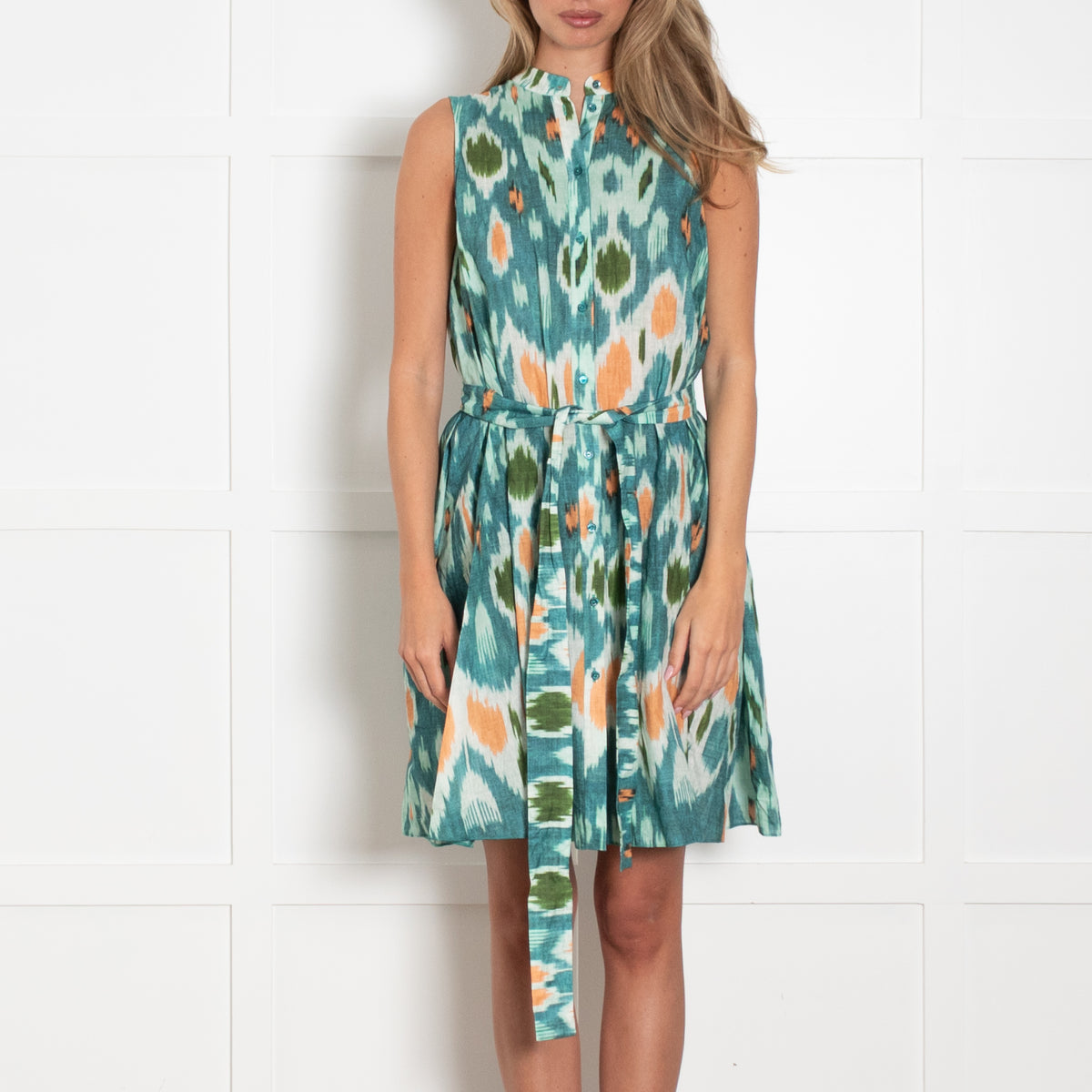 Erdem Blue Green Orange Sleeveless Belted Dress