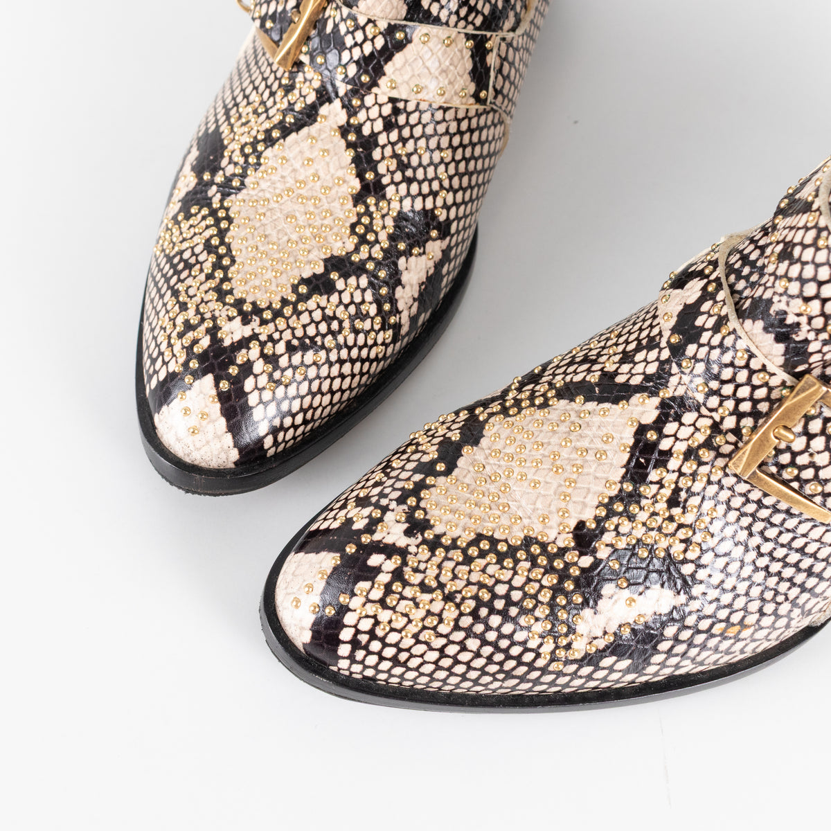 Chloe Beige Black Animal Print Leather Gold Stud Suzanna Ankle Boots