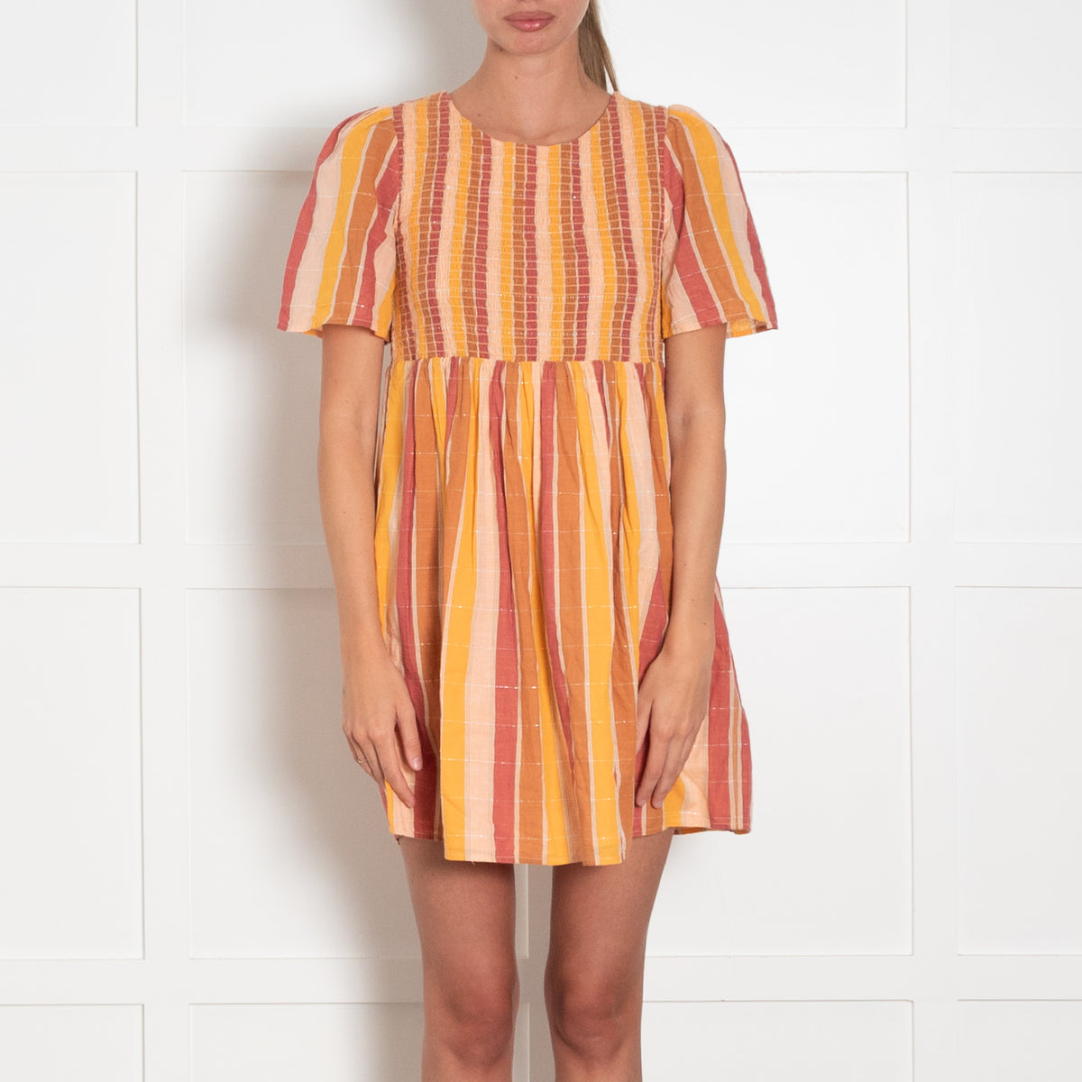 Sezane Yellow Brown Smocking Detail Short Sleeve Cotton Mini Dress
