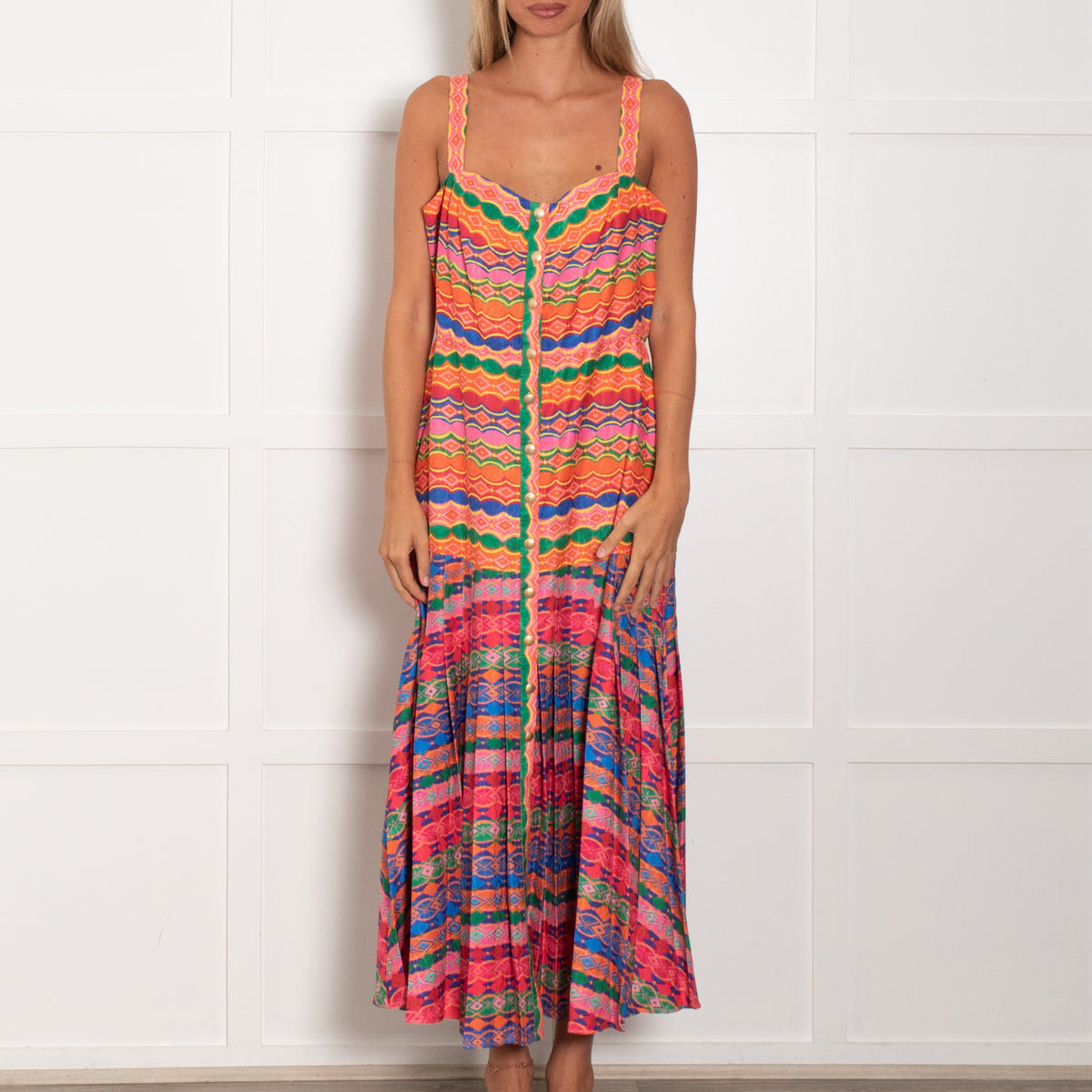 Saloni Multicolour Geometric Print Pleated Sleeveless Dress