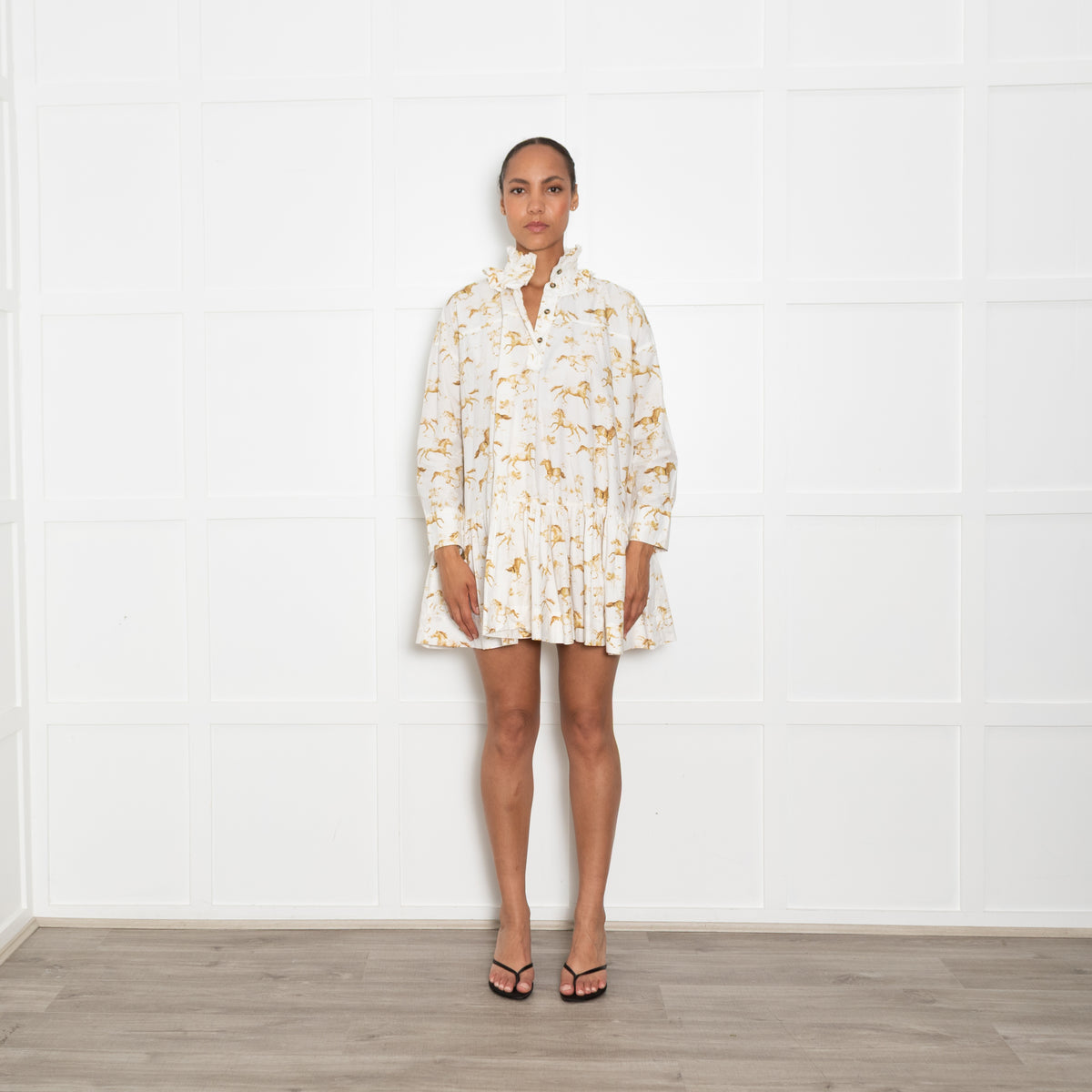 Ganni White Cotton Frilled Horse Print Mini Dress