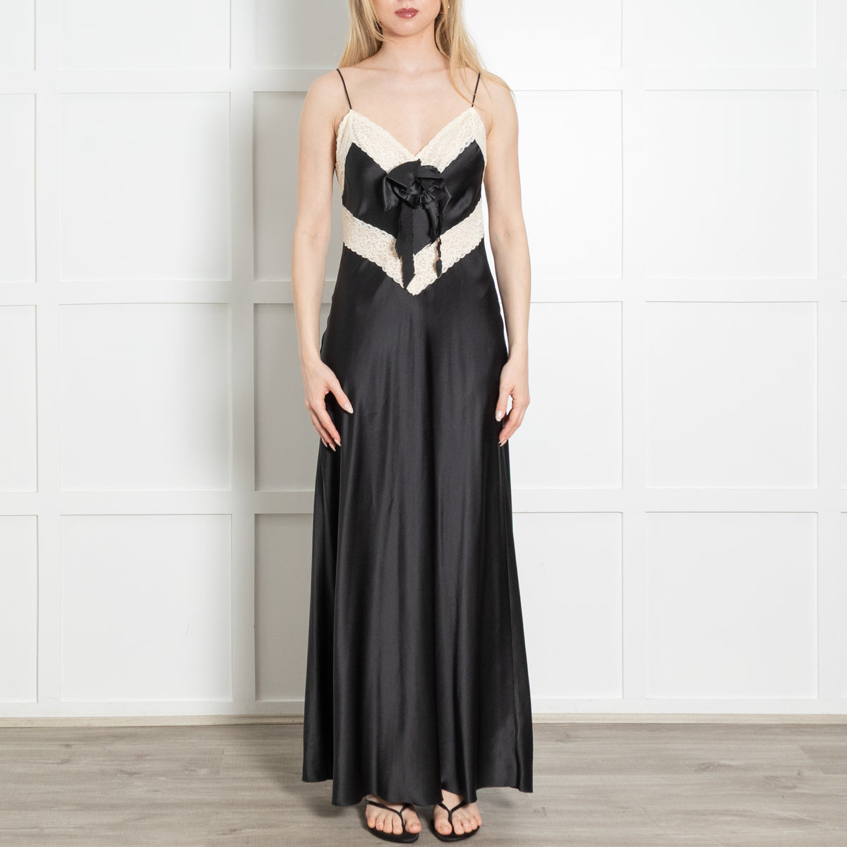 LoveShackFancy Black Silk Satin Cream Lace Trim Sleeveless Slip Dress