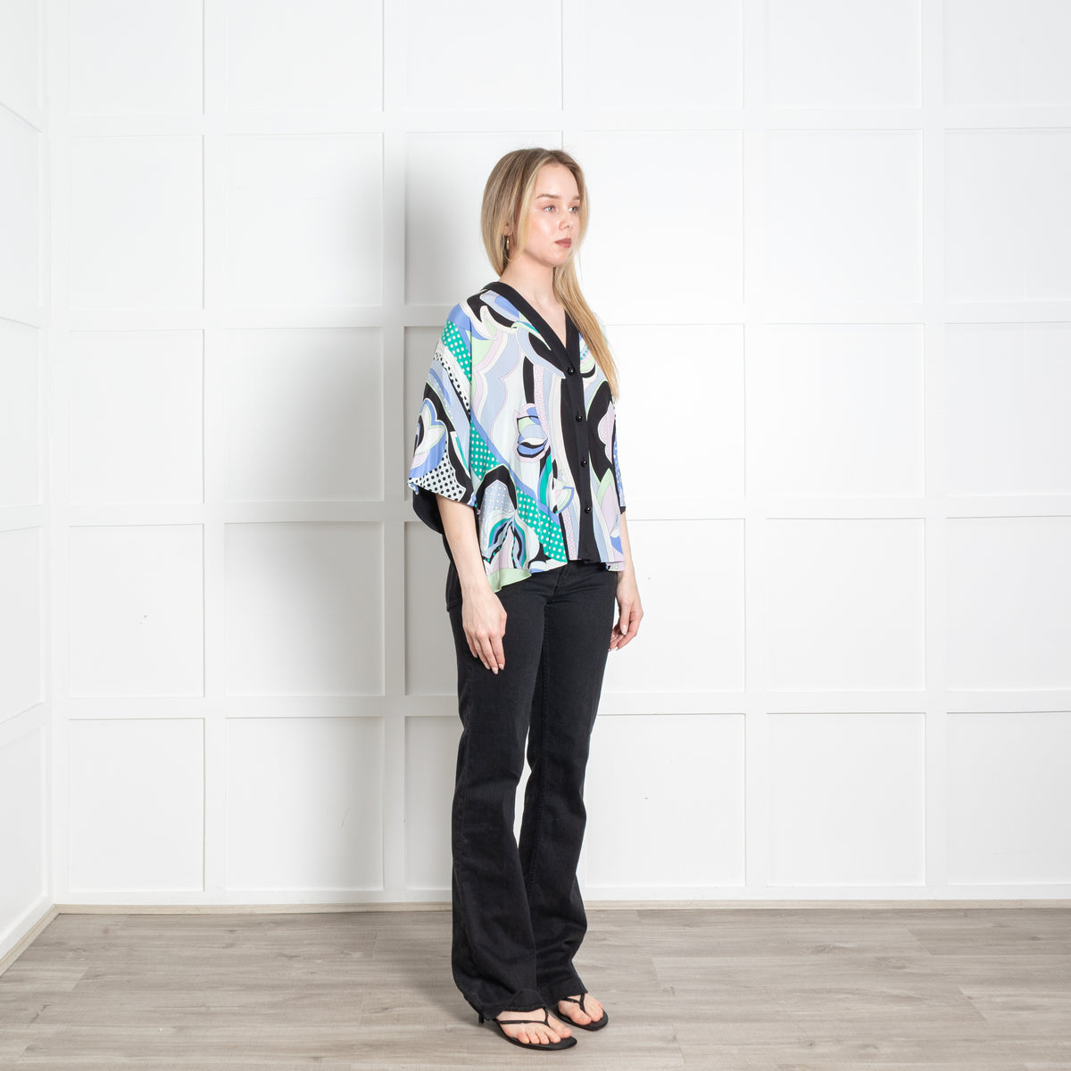 Emilio Pucci Black Pastel Print Silk Front Short Sleeve Cardigan Top