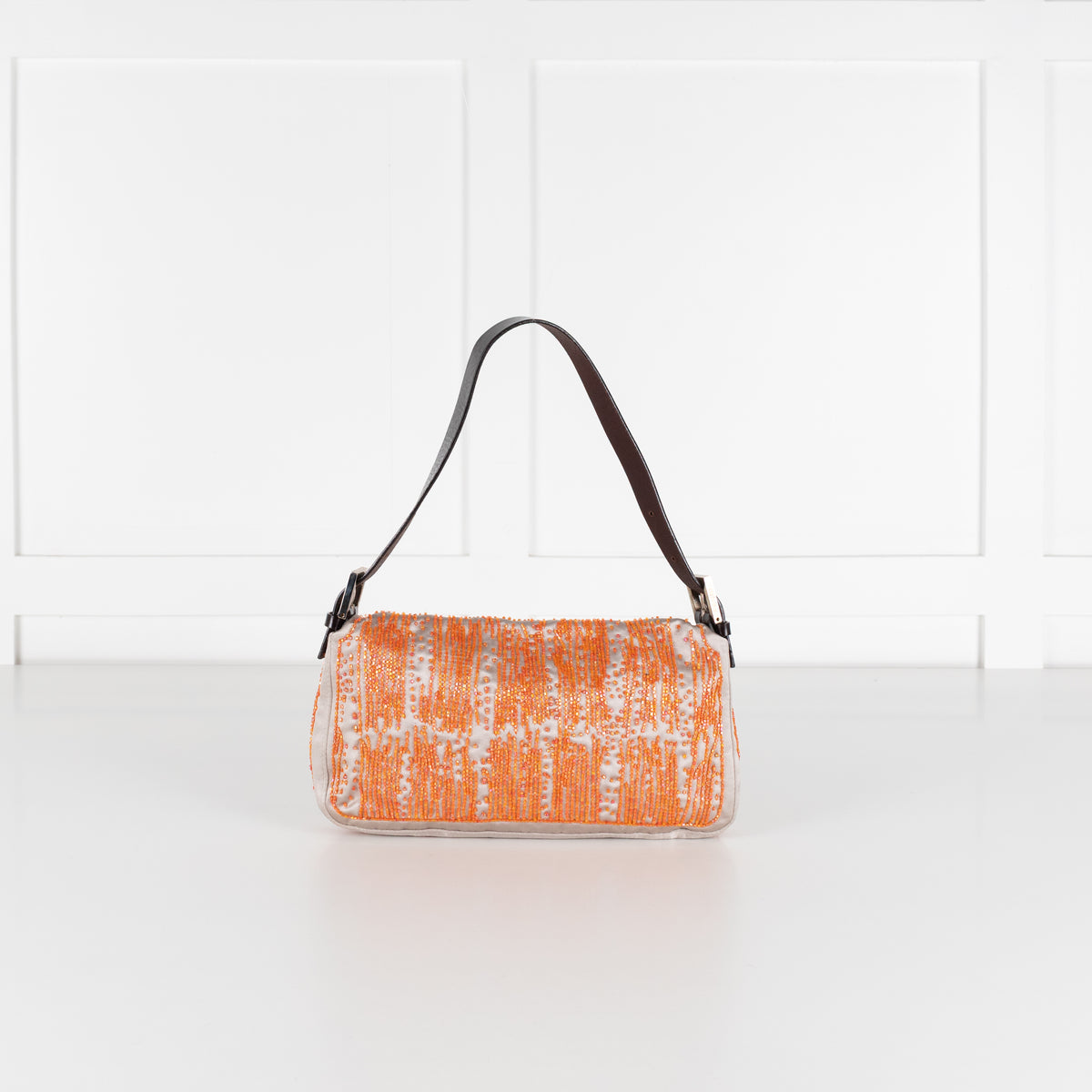 Fendi Taupe Satin Orange Beaded Baguette Bag