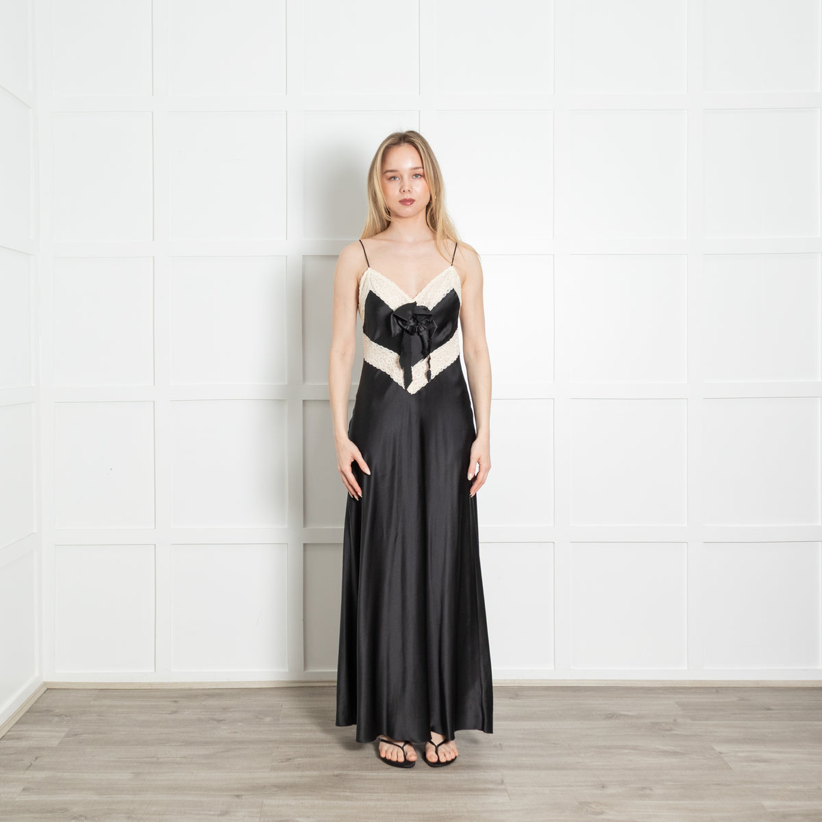 LoveShackFancy Black Silk Satin Cream Lace Trim Sleeveless Slip Dress