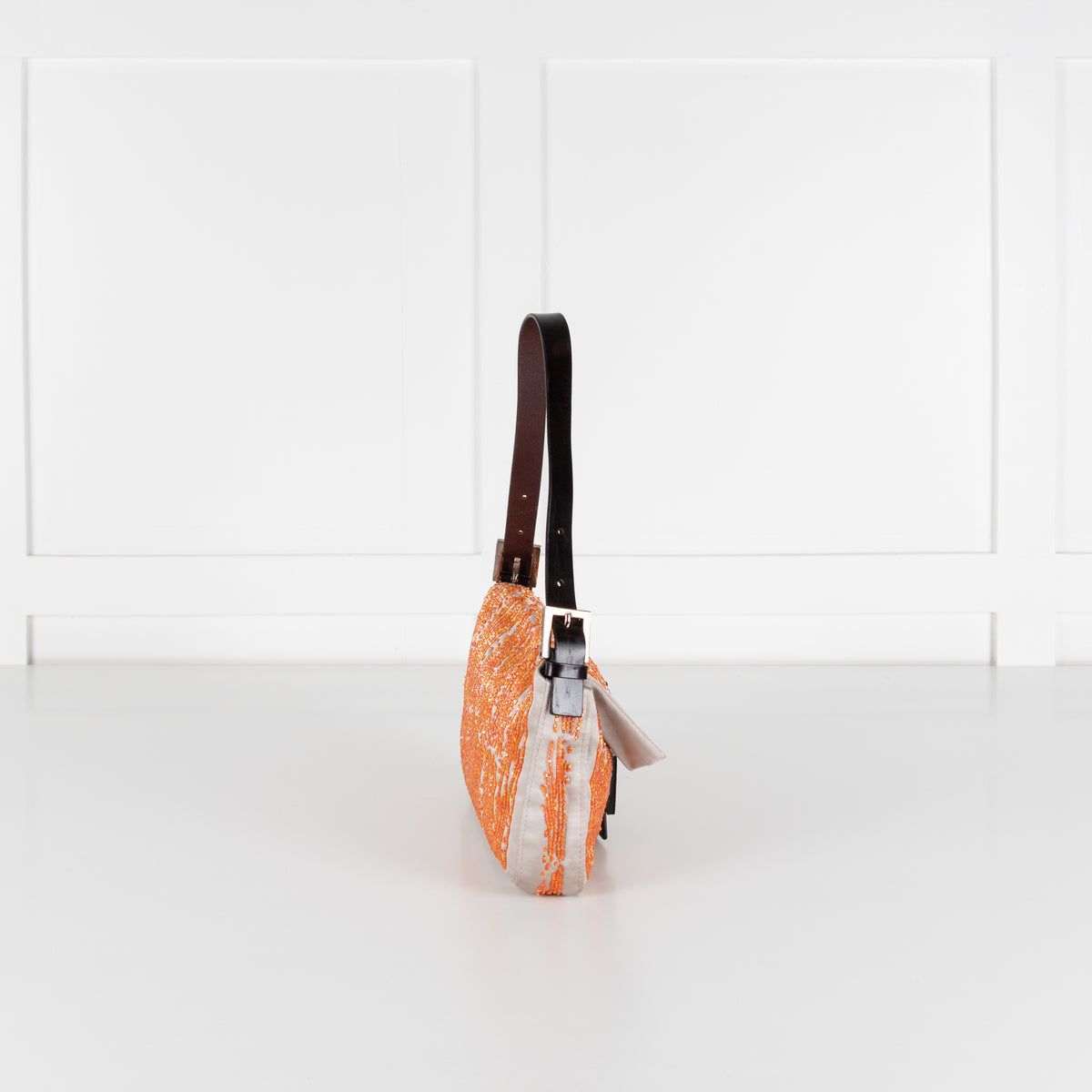 Fendi Taupe Satin Orange Beaded Baguette Bag