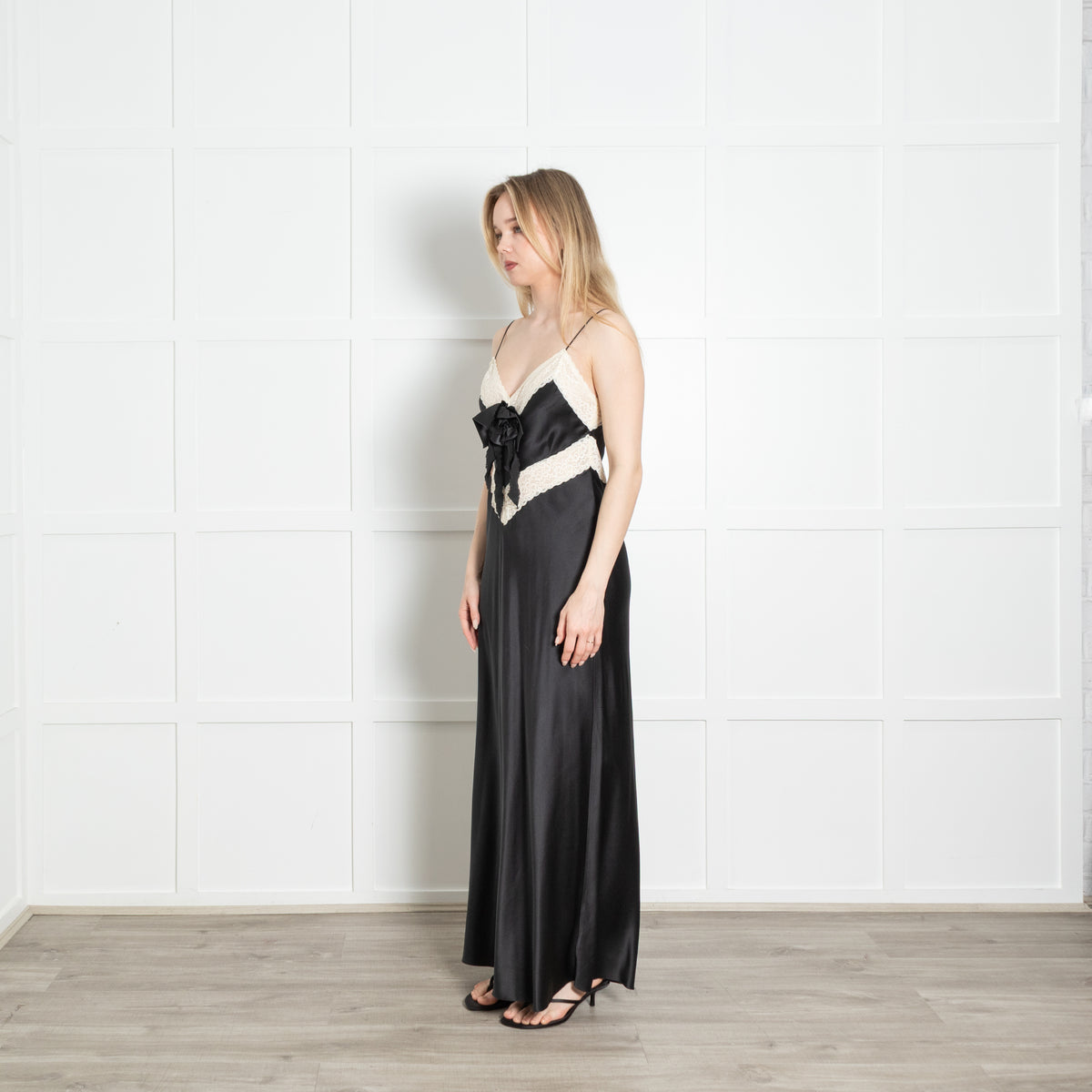 LoveShackFancy Black Silk Satin Cream Lace Trim Sleeveless Slip Dress