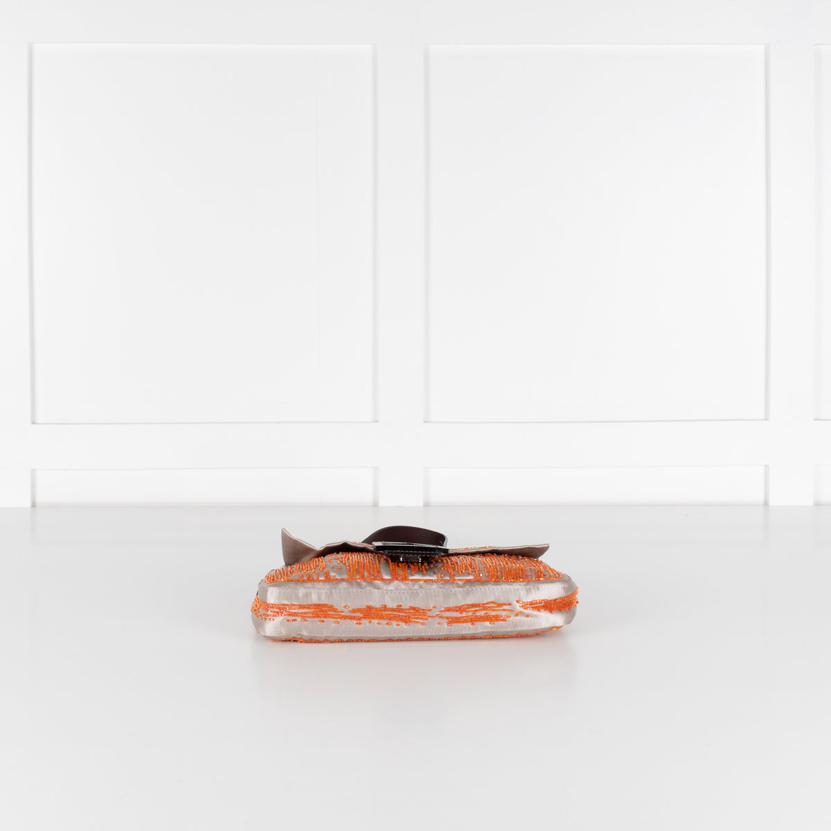 Fendi Taupe Satin Orange Beaded Baguette Bag