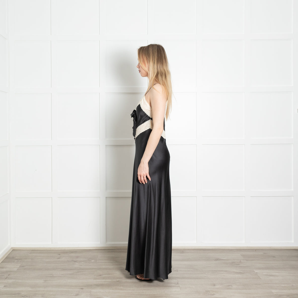 LoveShackFancy Black Silk Satin Cream Lace Trim Sleeveless Slip Dress