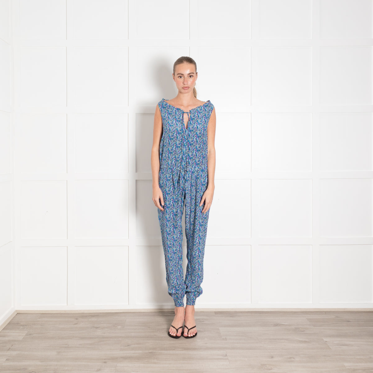 Ridley Blue and Green Silk Ditsy Floral Sleeveless Jumpsuit