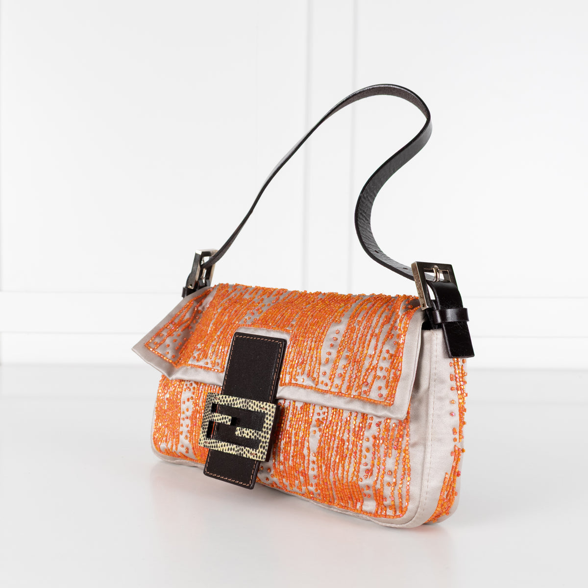 Fendi Taupe Satin Orange Beaded Baguette Bag