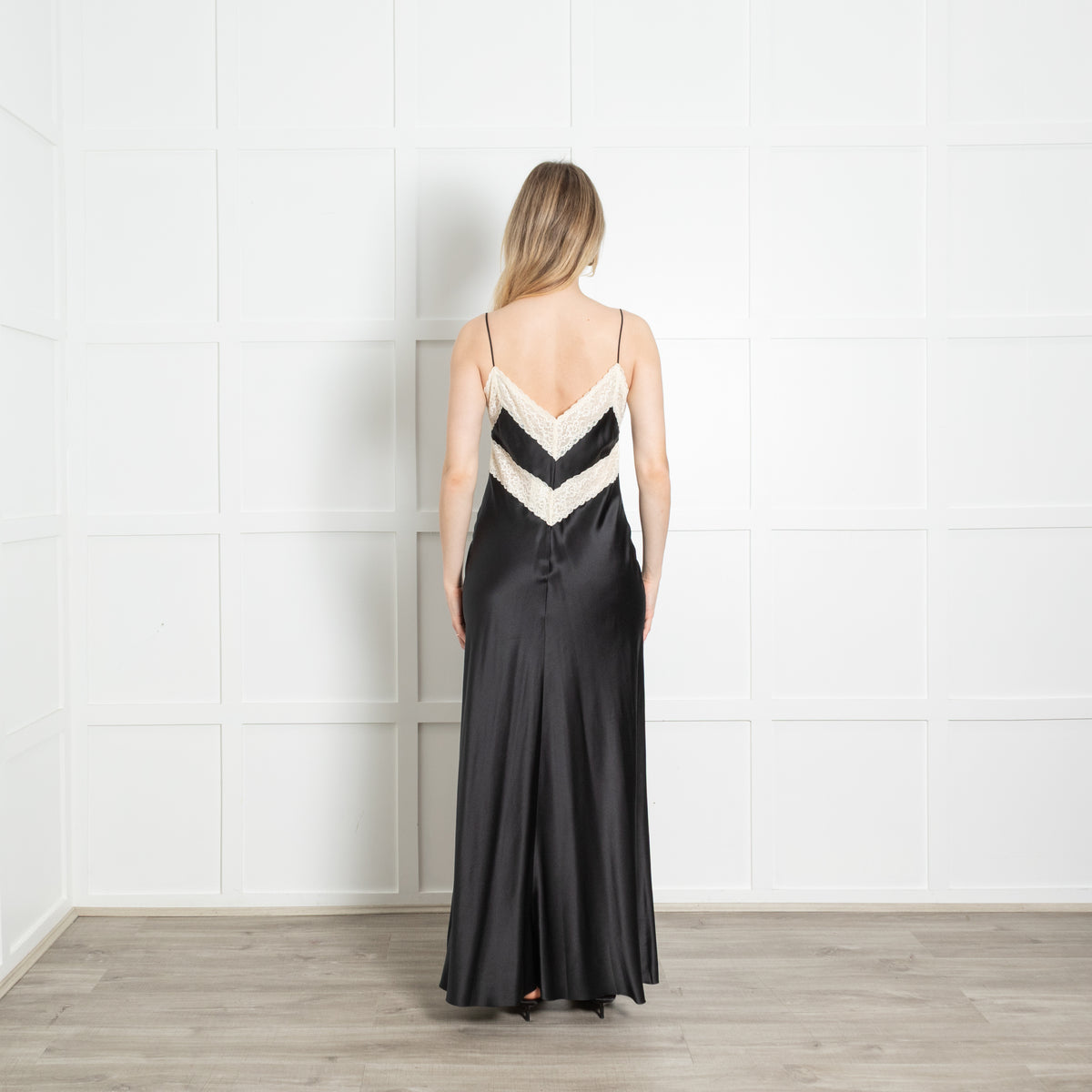 LoveShackFancy Black Silk Satin Cream Lace Trim Sleeveless Slip Dress
