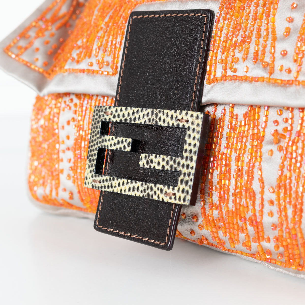 Fendi Taupe Satin Orange Beaded Baguette Bag