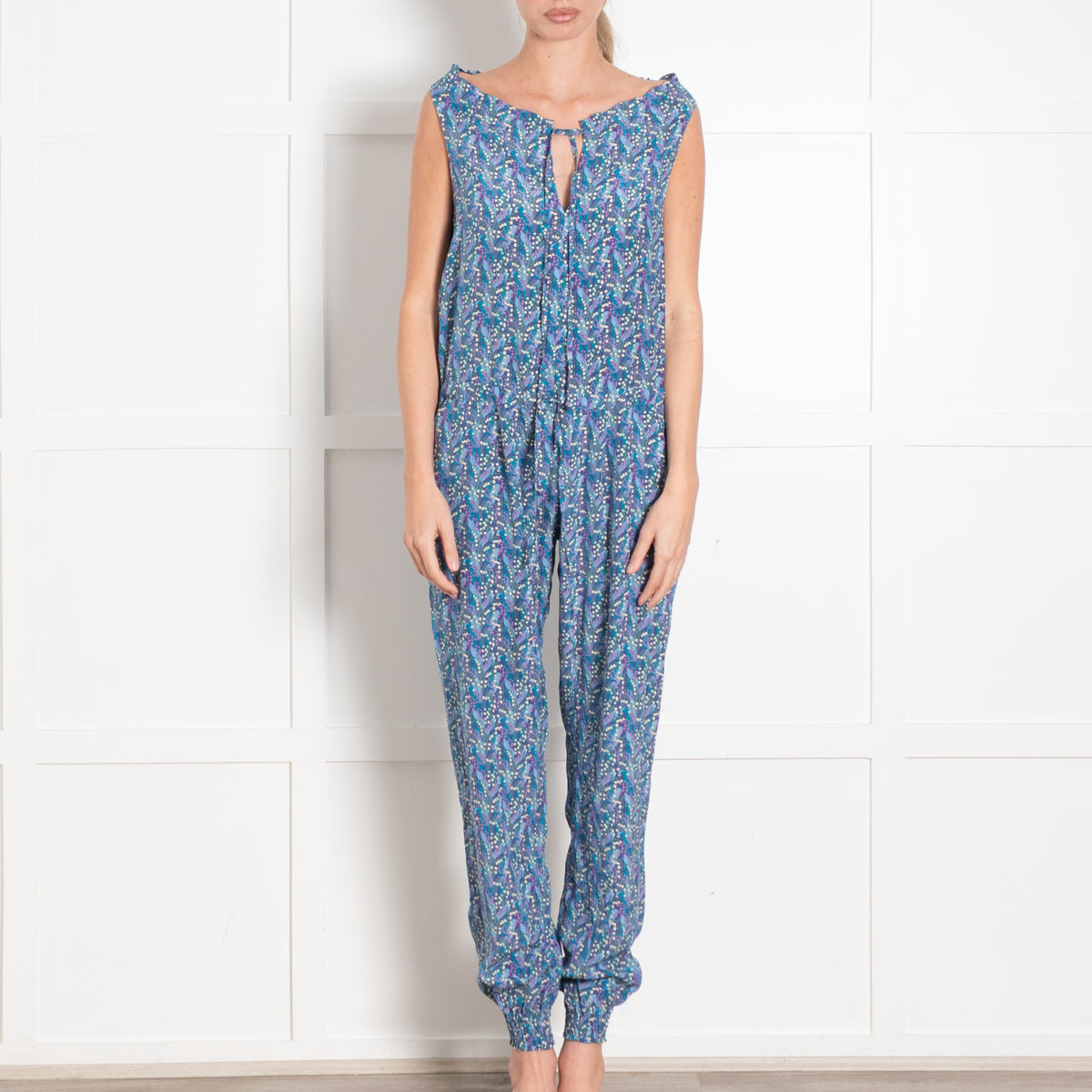 Ridley Blue and Green Silk Ditsy Floral Sleeveless Jumpsuit