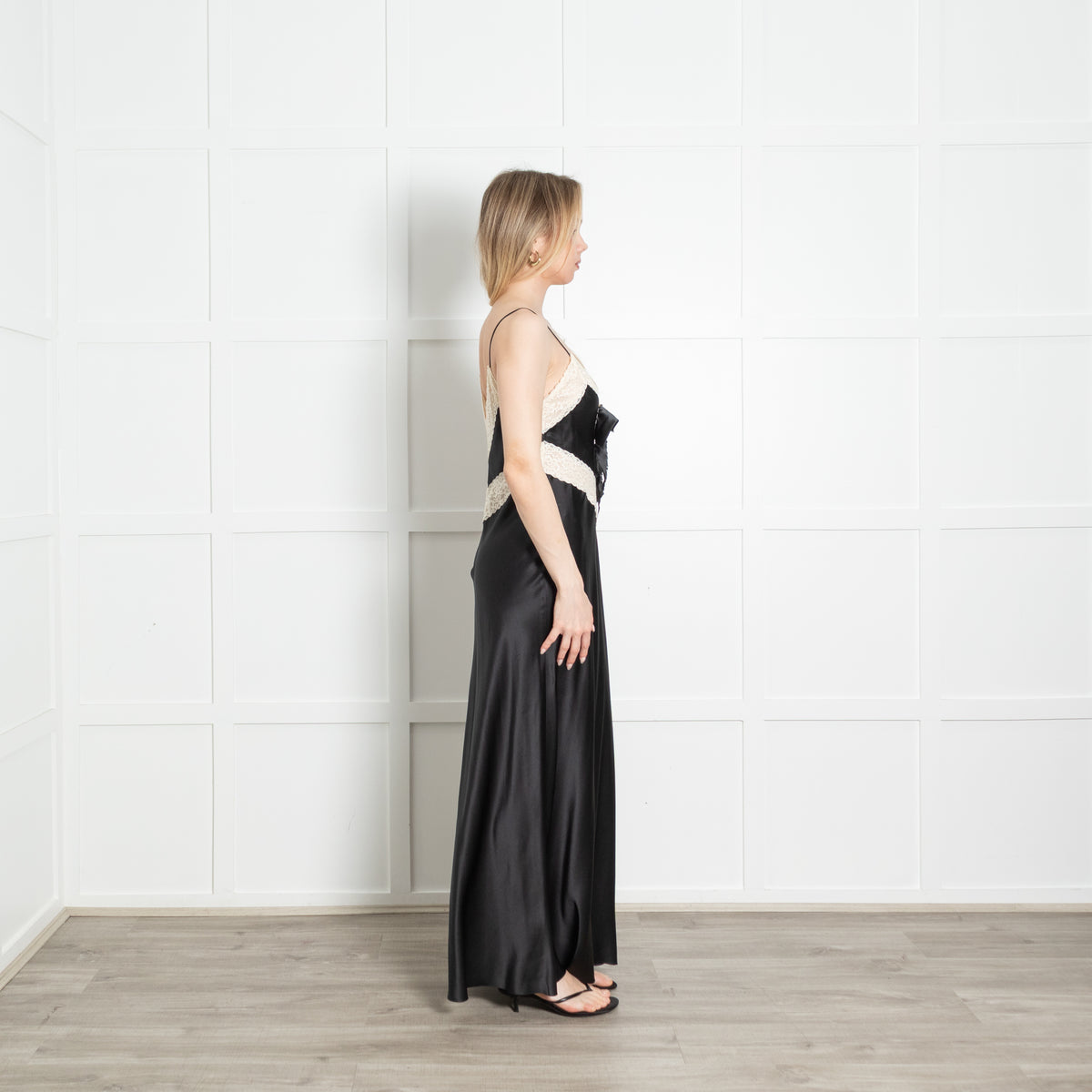 LoveShackFancy Black Silk Satin Cream Lace Trim Sleeveless Slip Dress