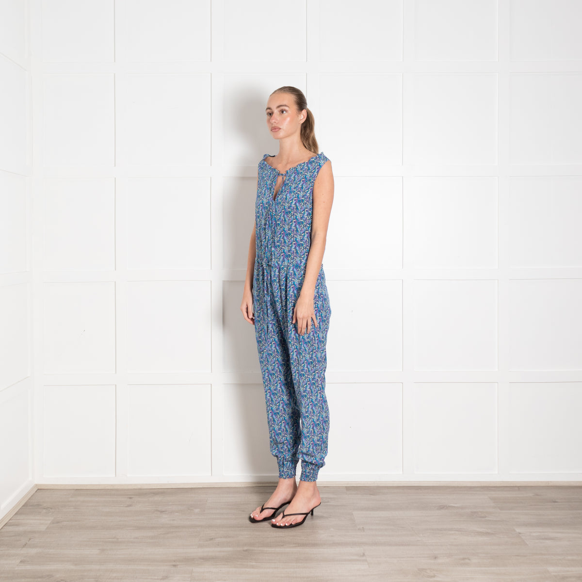 Ridley Blue and Green Silk Ditsy Floral Sleeveless Jumpsuit