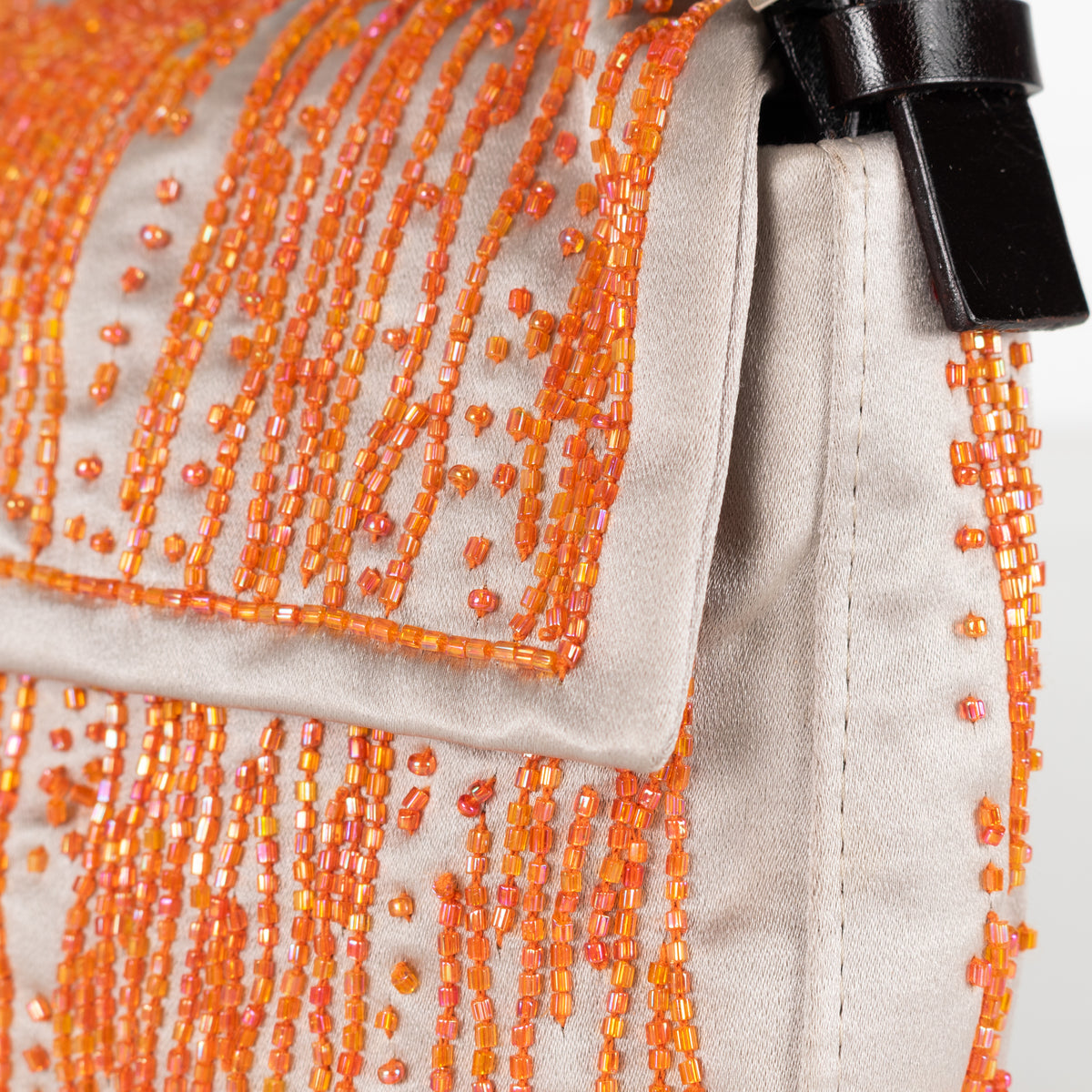Fendi Taupe Satin Orange Beaded Baguette Bag