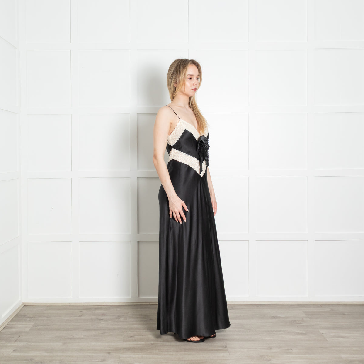 LoveShackFancy Black Silk Satin Cream Lace Trim Sleeveless Slip Dress