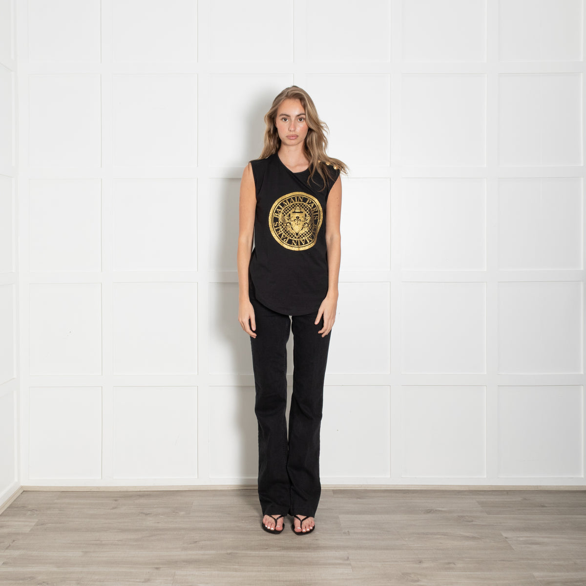 Balmain Sleeveless Gold Glitter T-Shirt