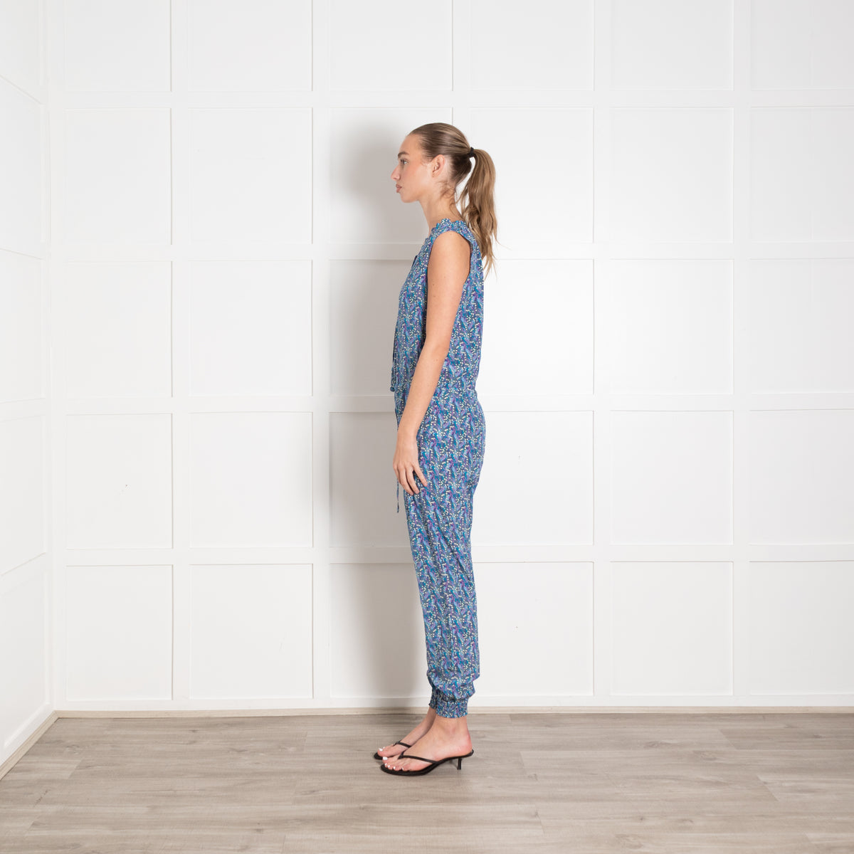 Ridley Blue and Green Silk Ditsy Floral Sleeveless Jumpsuit