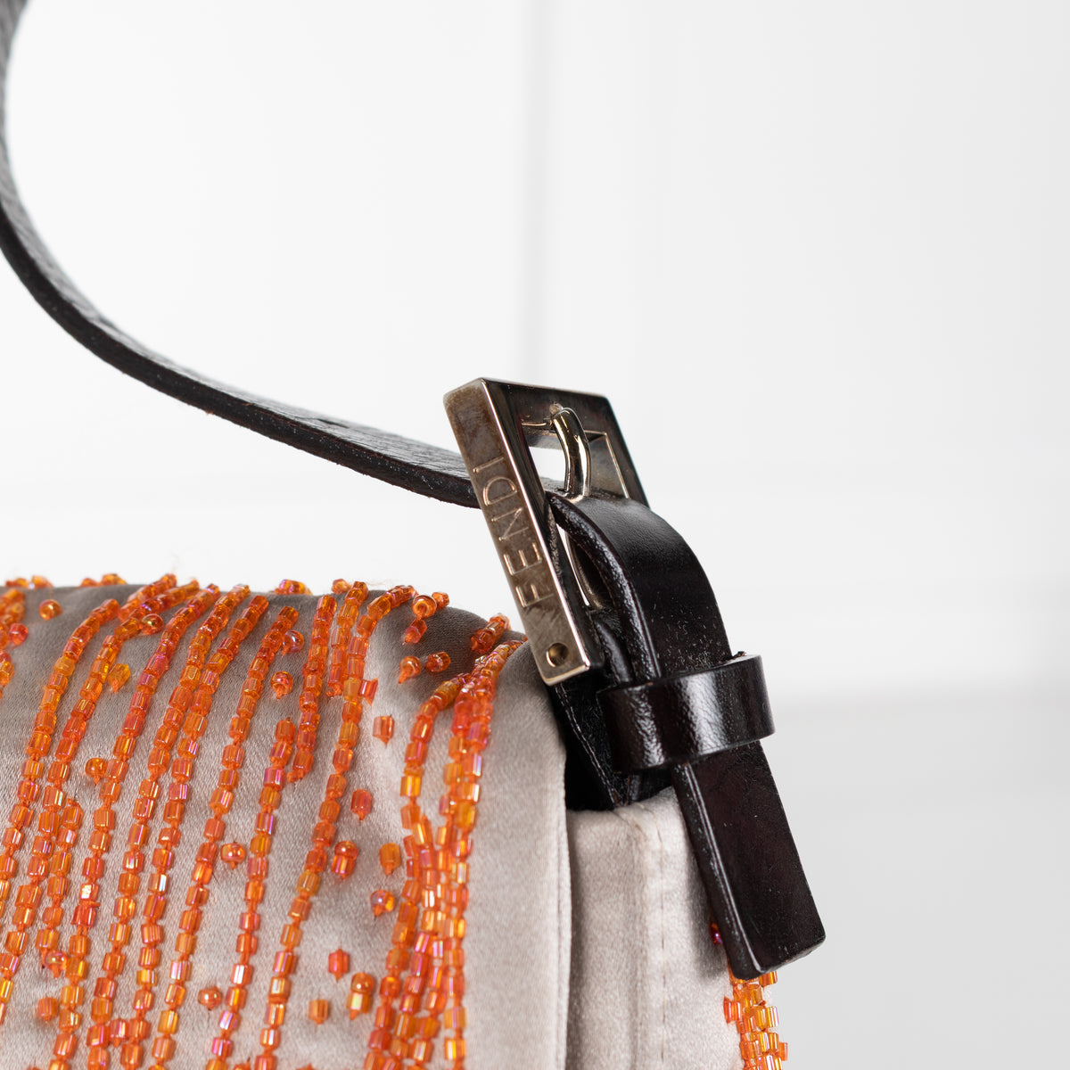 Fendi Taupe Satin Orange Beaded Baguette Bag