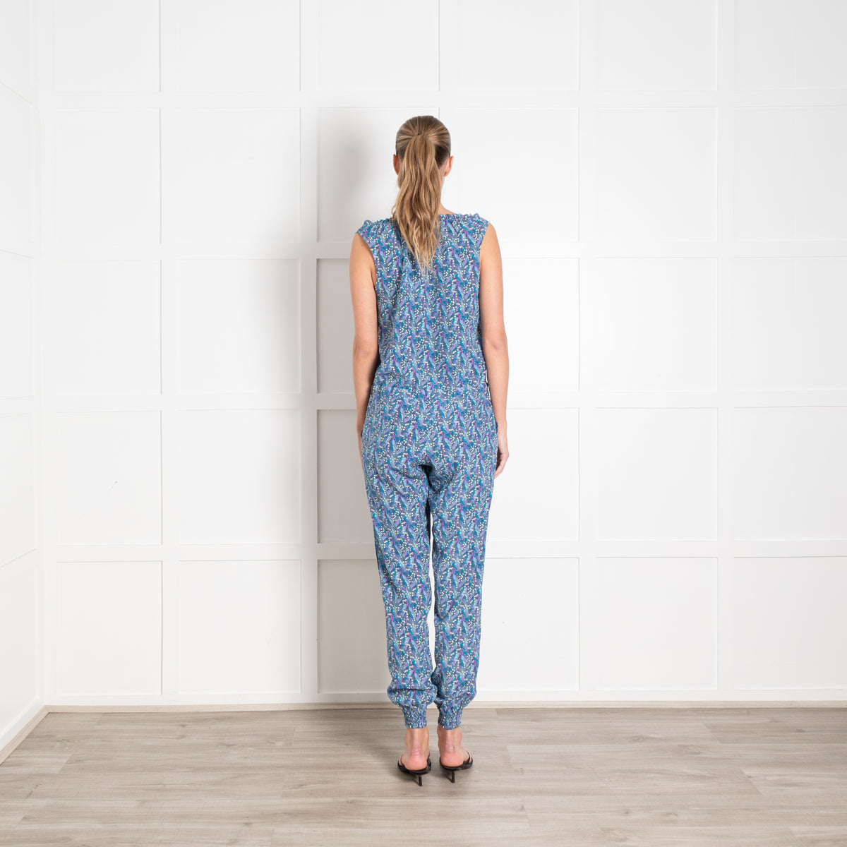 Ridley Blue and Green Silk Ditsy Floral Sleeveless Jumpsuit